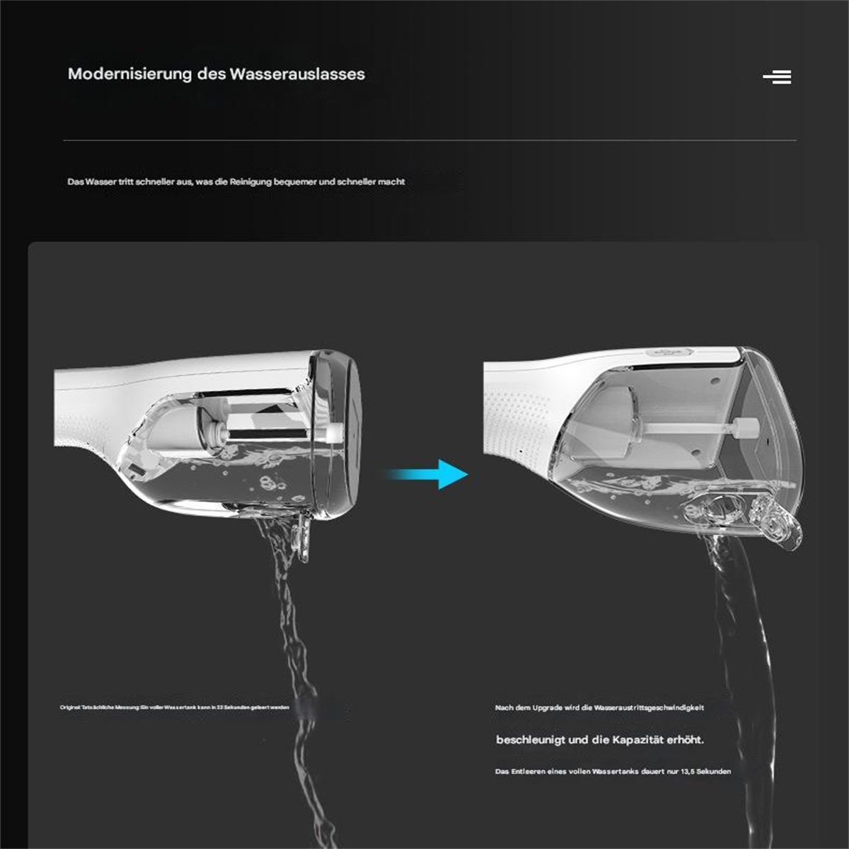 Klares Wasser, das durch ein modernes Wasserauslasssystem fließt und das Vorher und Nachher des Upgrades zeigt.