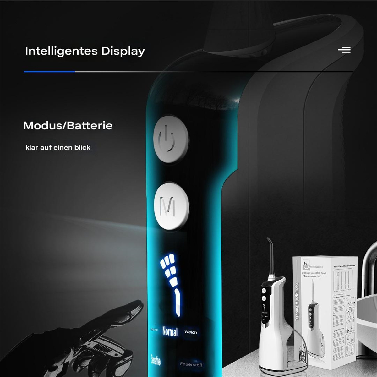 Nahaufnahme eines Munddusche mit blauem Display. Zeigt Betriebsarten. Eine Hand ist in der Nähe.