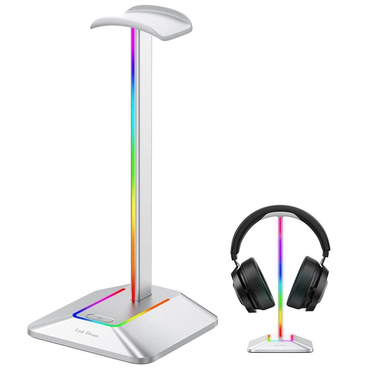 Ein Gaming-Headset-Ständer mit regenbogenfarbener Basis und vertikaler Stütze, und Kopfhörer, die auf dem Ständer ruhen.