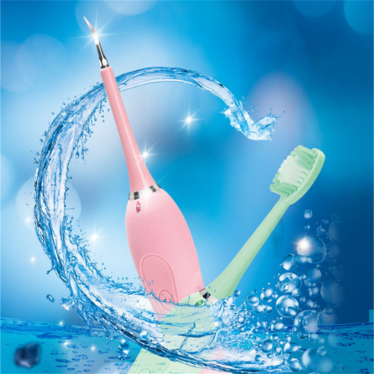 Zahnreinigungswerkzeuge. Rosa und grüne Geräte mit Wasserspritzern. Für Mundhygiene und Pflege.