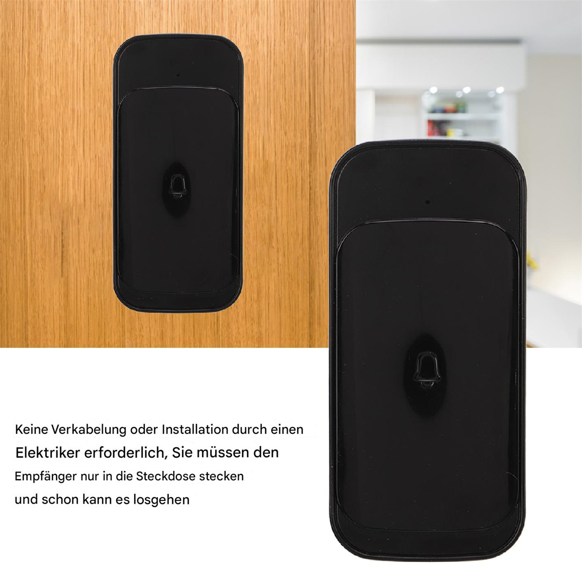 Zwei schwarze Türklingeln, eine installiert, eine nicht. Holz-Türhintergrund und weiße Wand in der Ferne.