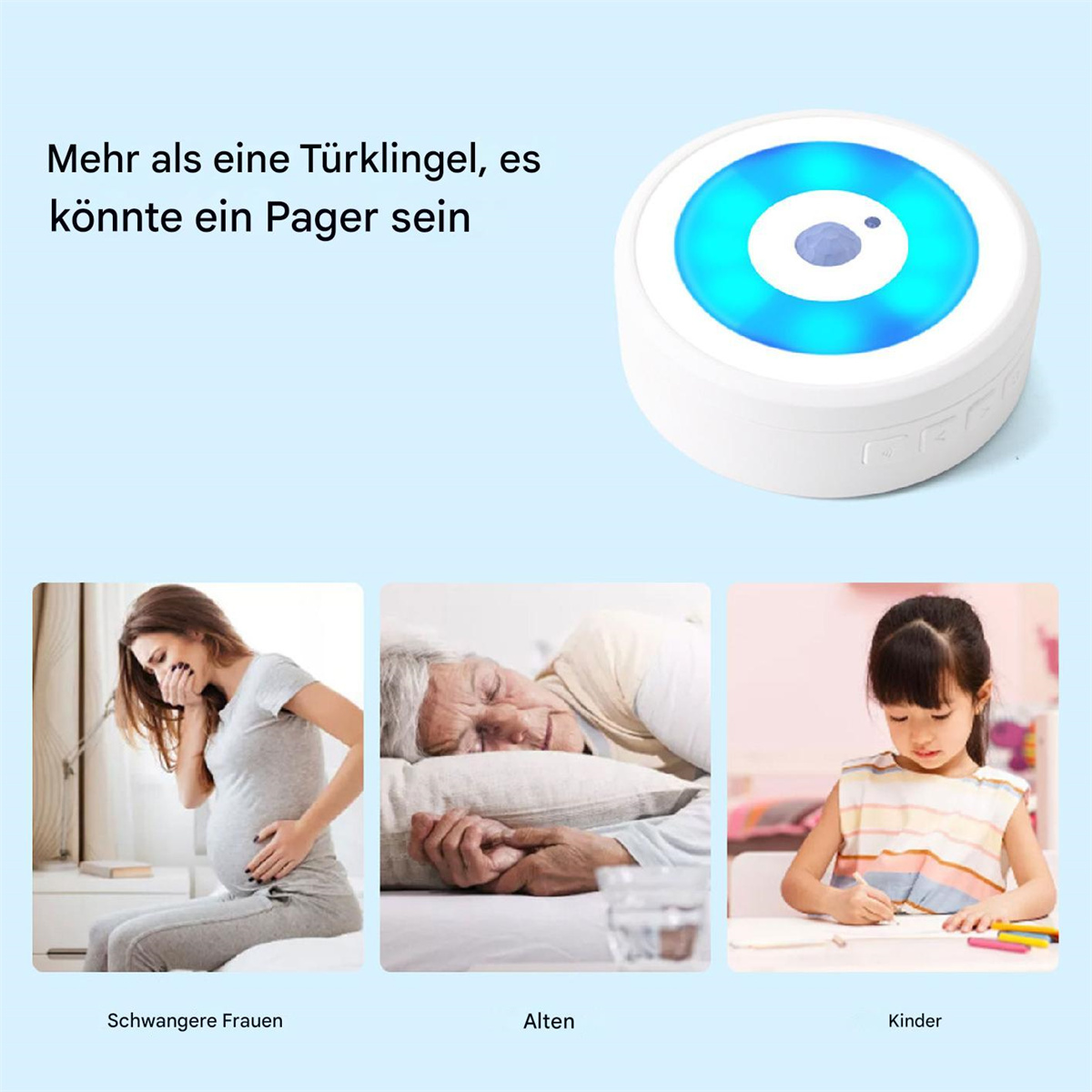 Ein weißes Gerät mit blauem Licht, das von oben emittiert. Es gibt Bilder einer schwangeren Frau, einer älteren Person und eines Kindes.