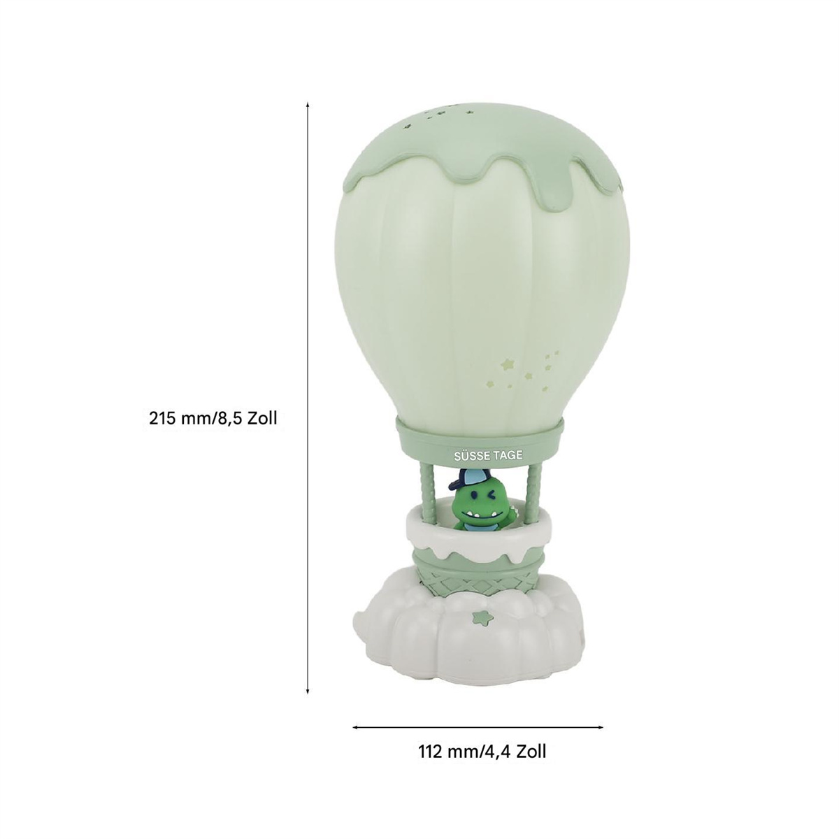 Eine grüne Heißluftballonlampe mit einer Froschfigur auf weißer Wolkenbasis.