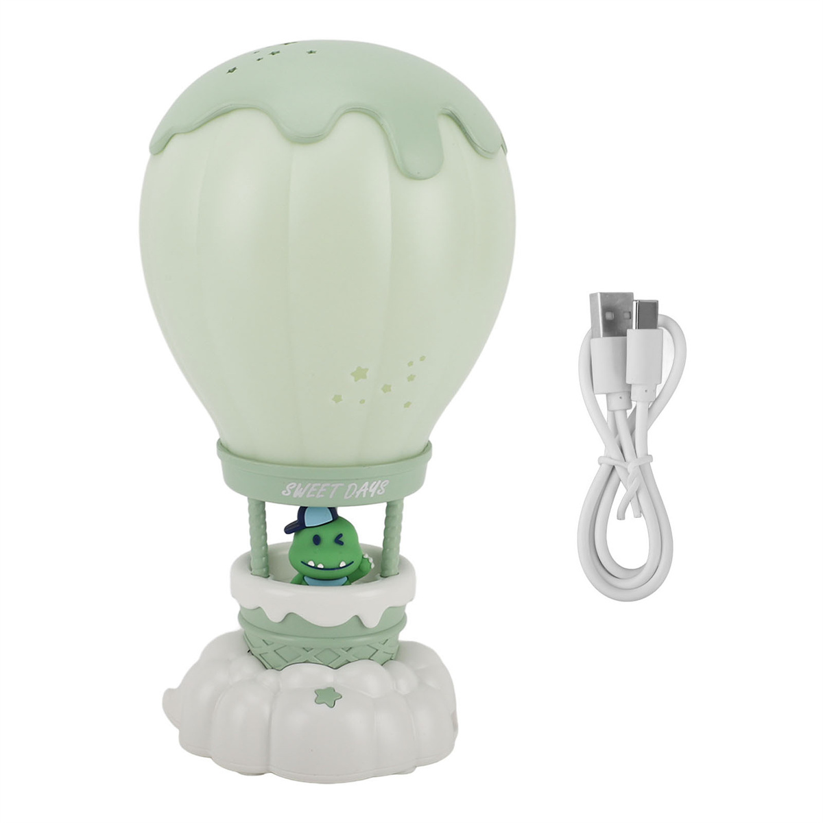 Eine grüne Heißluftballonlampe mit einem Dinosaurier und einem weißen USB-Kabel auf weißem Hintergrund.