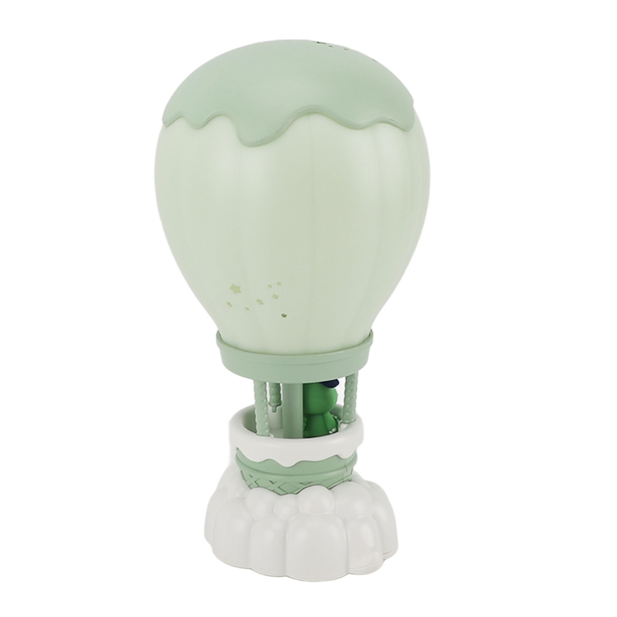 Eine grüne Heißluftballonlampe mit einer kleinen Figur in ihrem Korb auf weißem Hintergrund.