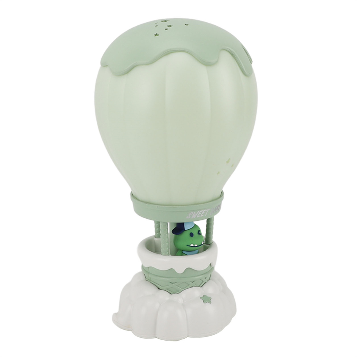 Eine grüne Heißluftballon-Lampe mit einem Dinosaurier im Korb. Die Basis ist weiß und wolkenförmig.