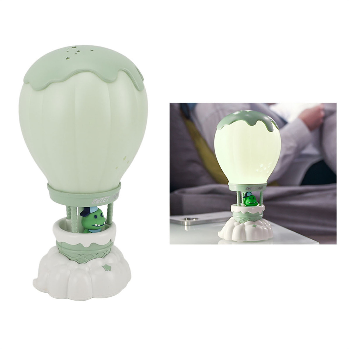 Ein grünes und weißes Nachtlicht in Heißluftballonform, mit einem kleinen Frosch darin.