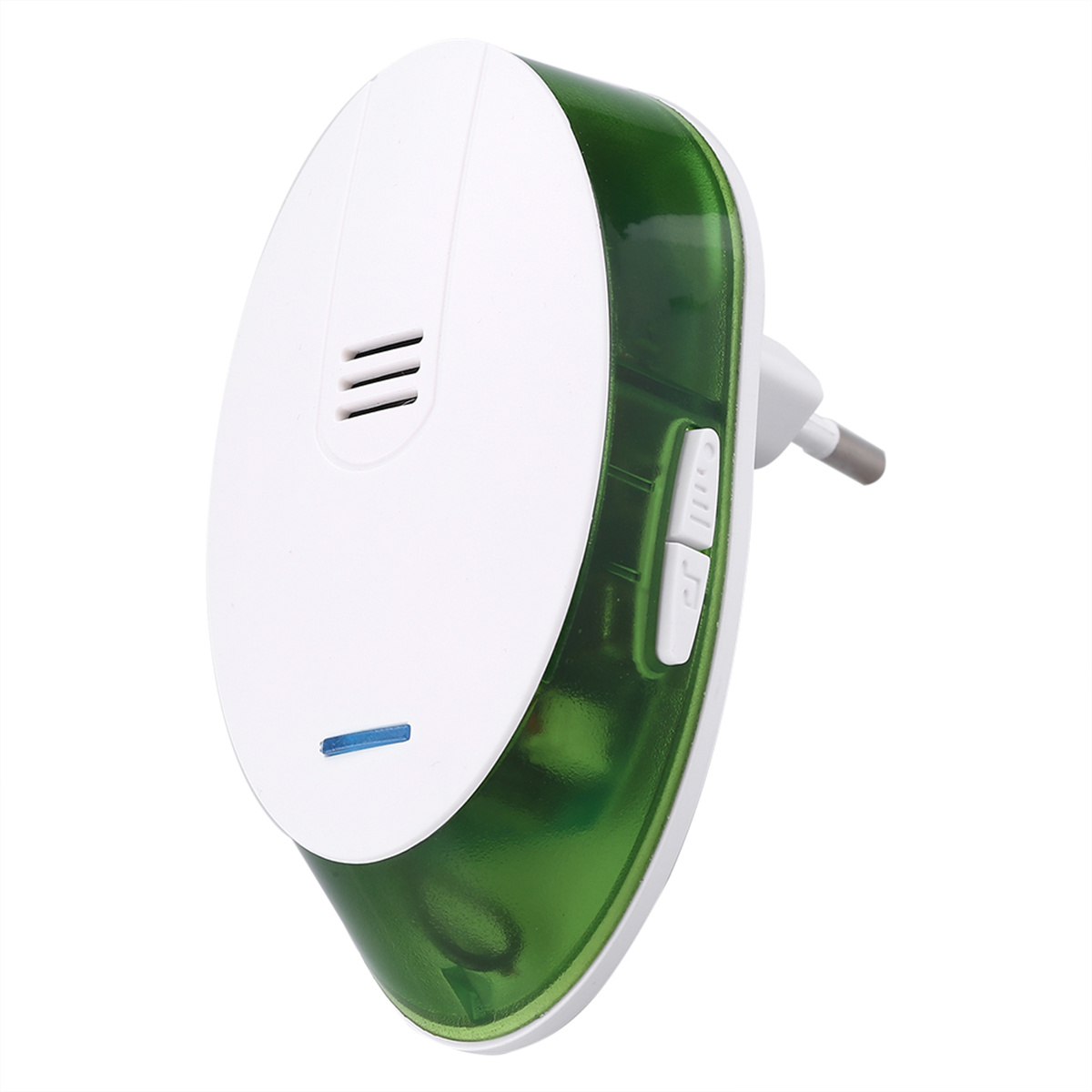 Eine weiße und grüne Türklingel mit zwei Knöpfen und einem Stecker.