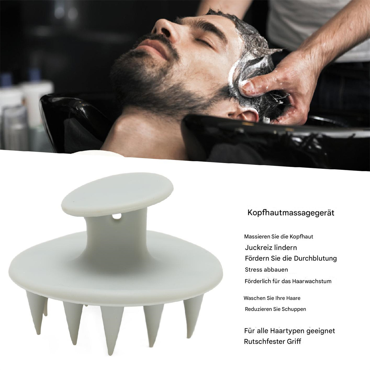 Mannes Kopf mit Schaum und ein weißer Kopfhautmassager.