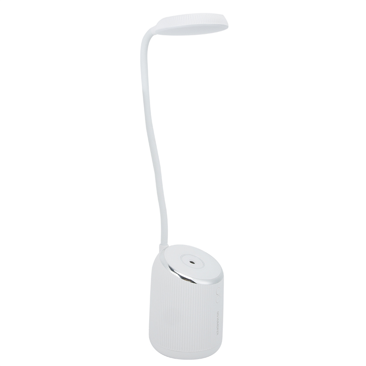 Eine weiße Schreibtischlampe mit flexiblem Hals, rundem Kopf und rundem Sockel auf weißem Hintergrund.