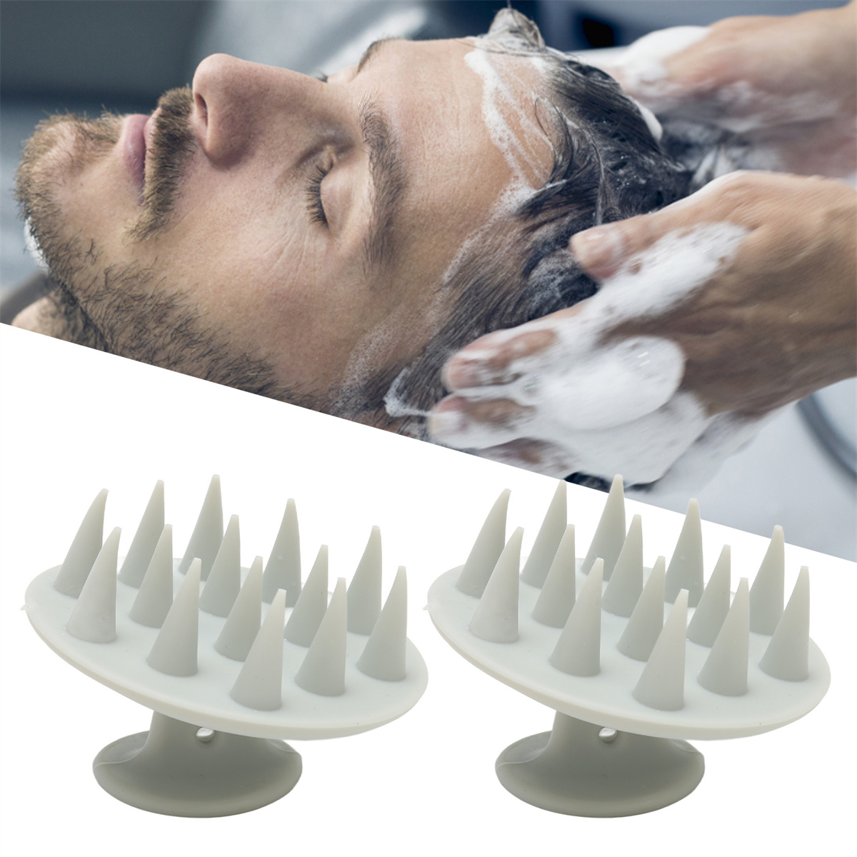 Ein Mann wäscht sich die Haare, und zwei graue Kopfhautmassager mit weißen Stacheln.