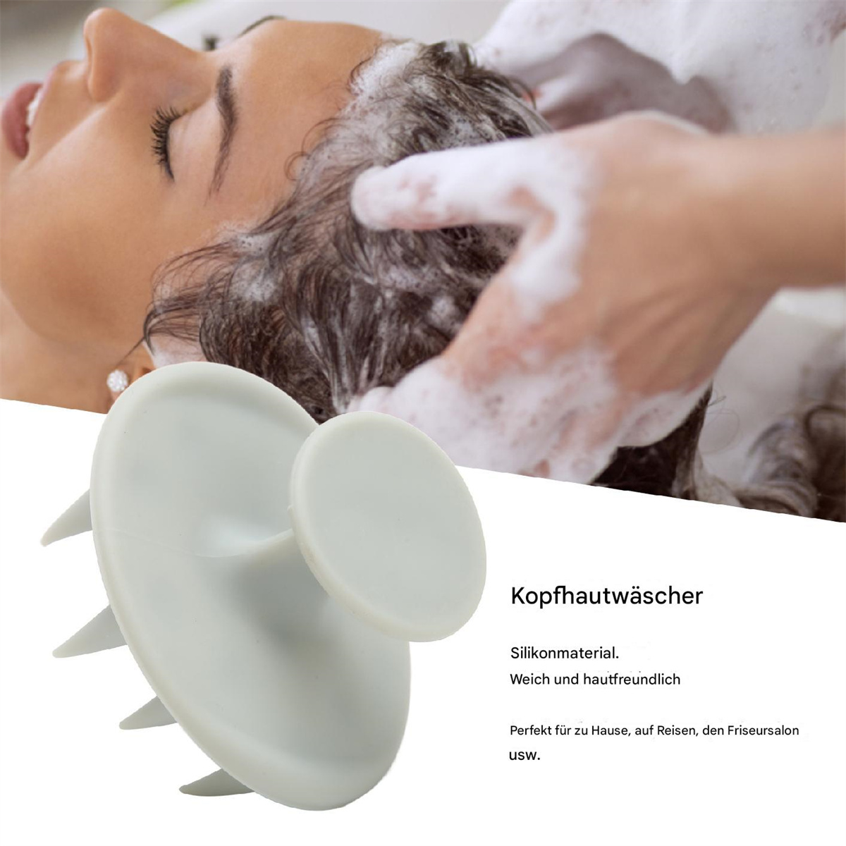 Ein weißer Kopfhautmassager, gehalten von einer Hand, mit dem Gesicht einer Frau im Hintergrund.