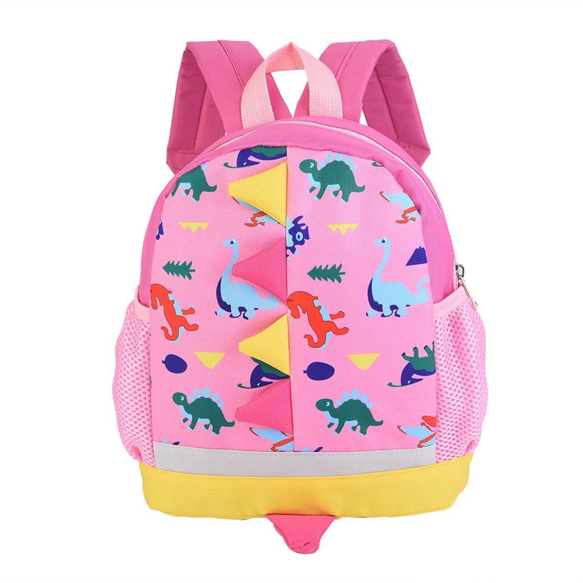 Rosa Rucksack mit Dinosaurier-Motiv. Weißer Hintergrund.