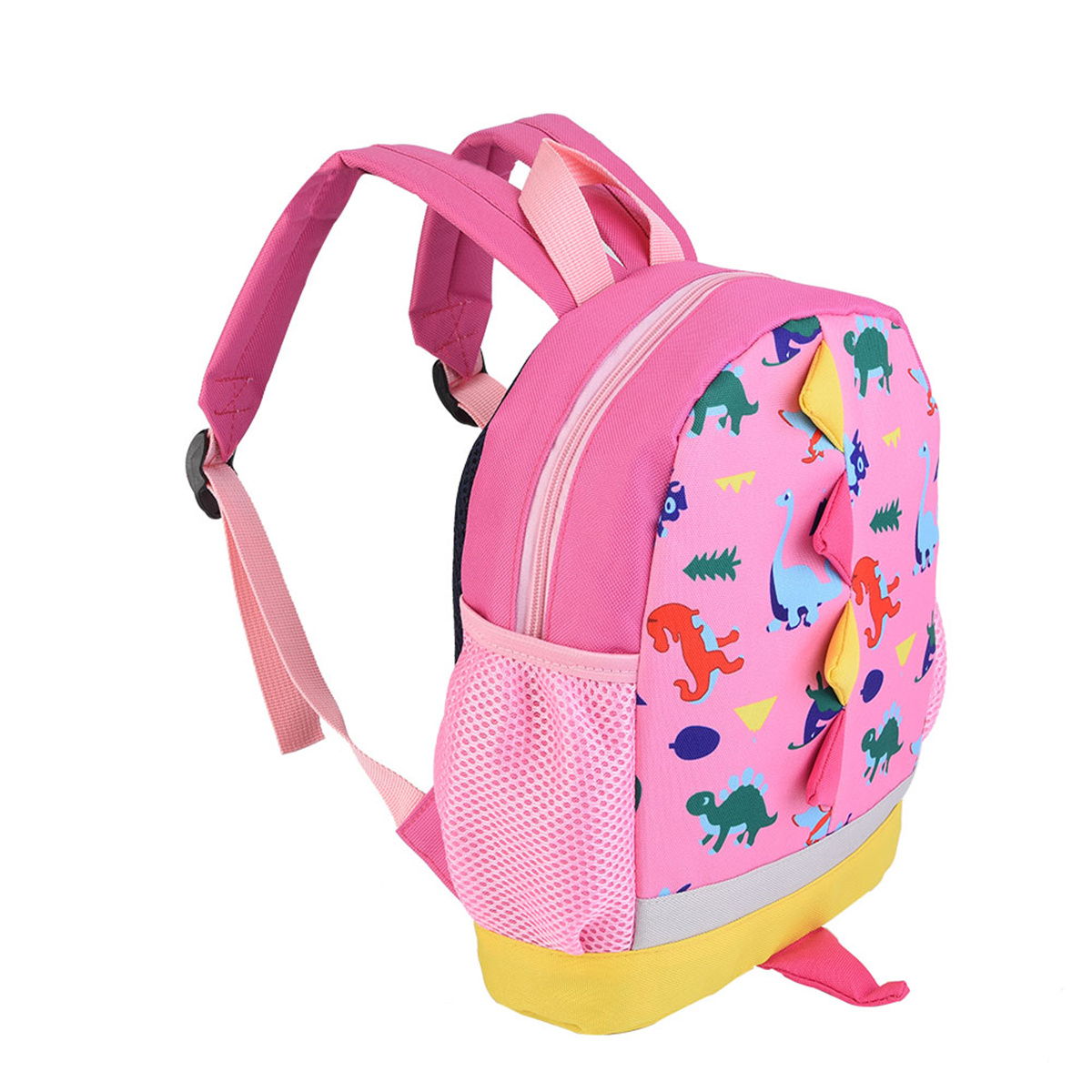 Rosa Rucksack mit Dinosaurier-Motiv, seitlicher Netztasche und verstellbaren Trägern.
