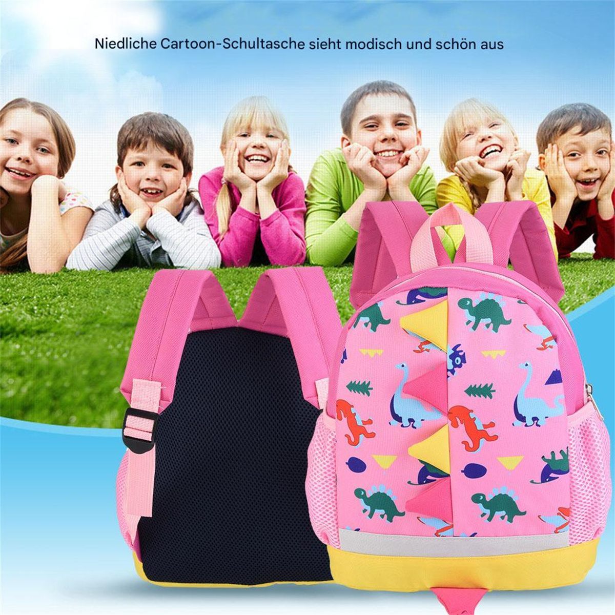 Rosa und gelber Dinosaurier-Rucksack. Kinder liegen auf dem Gras und lächeln. Der Hintergrund ist grün.