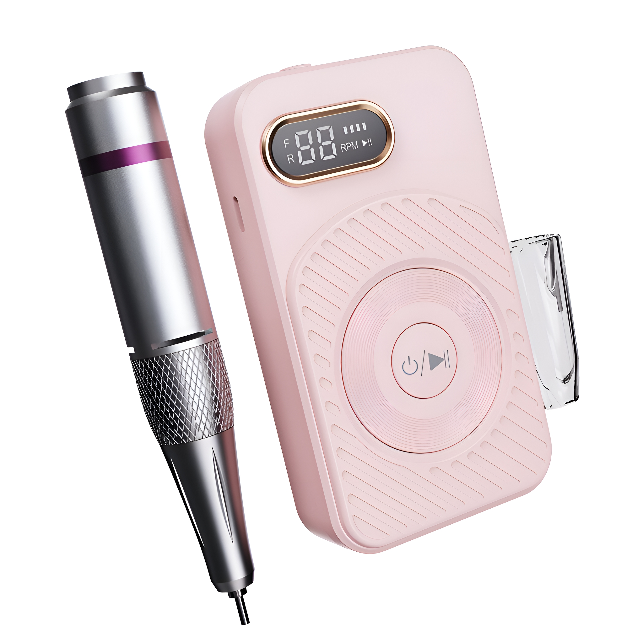 Rosa Nagelfräser mit silbernem Bohrer. Das Gerät hat ein digitales Display und Bedientasten.