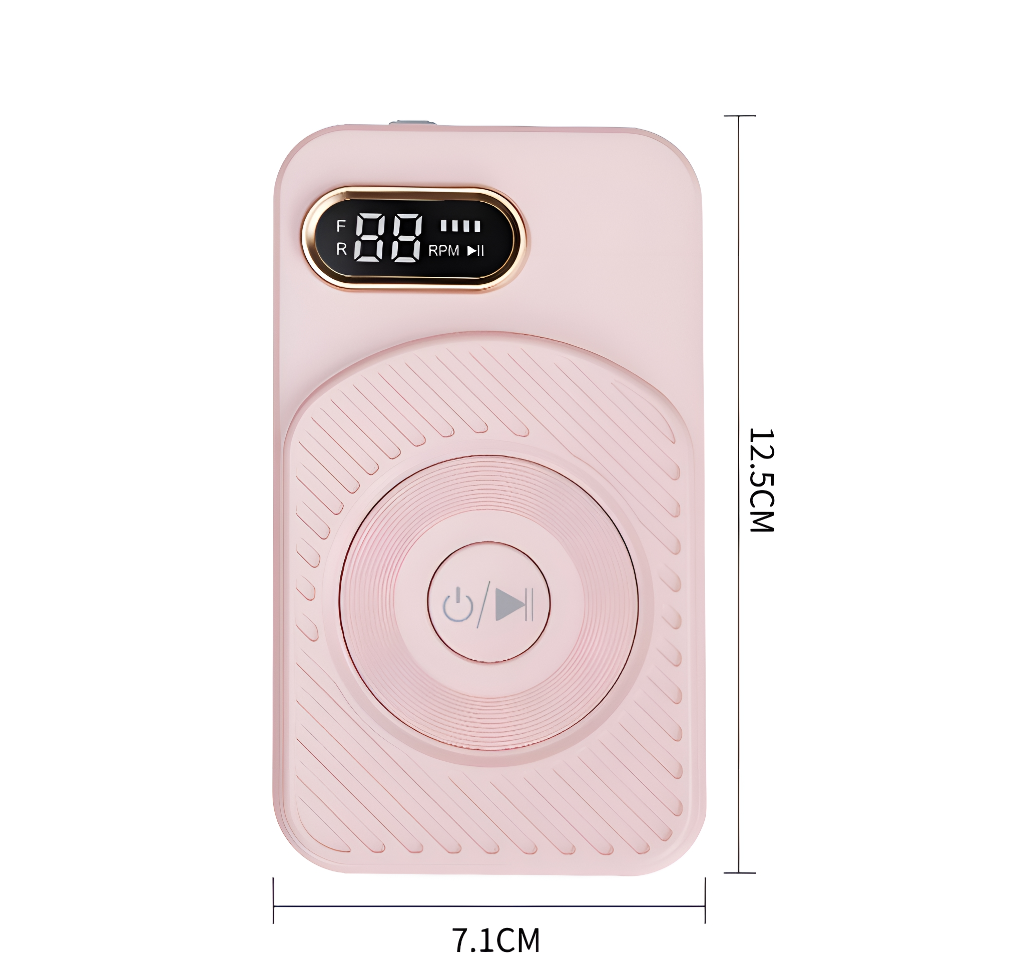 Rosa tragbarer Lautsprecher mit LCD-Bildschirm, der RPM anzeigt, und zentraler Wiedergabe/Pause-Taste. Abmessungen 12,5x7,1cm.