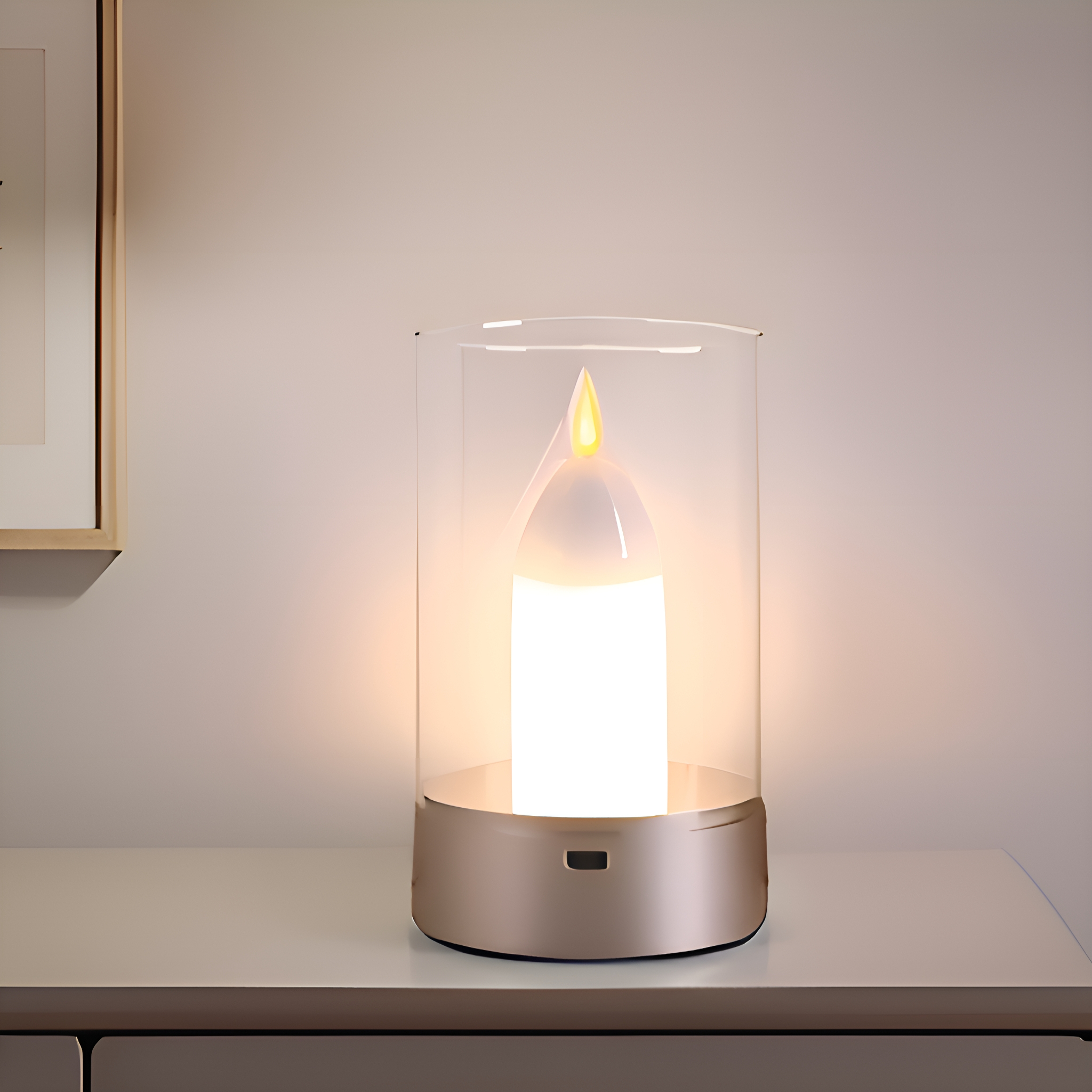 Eine beleuchtete Kerzenlampe in einem Glasgehäuse auf einer weißen Oberfläche mit goldenem Sockel.