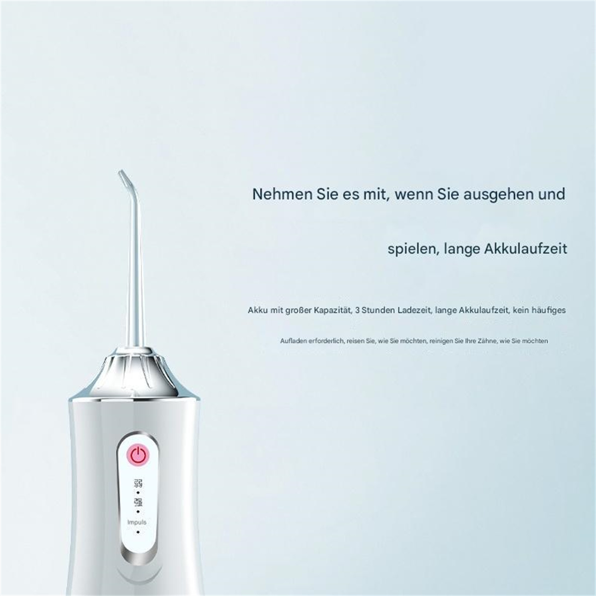 Weißer elektrischer Zahnseidenreiniger mit langer Düse. Text deutet auf Tragbarkeit und lange Akkulaufzeit hin.