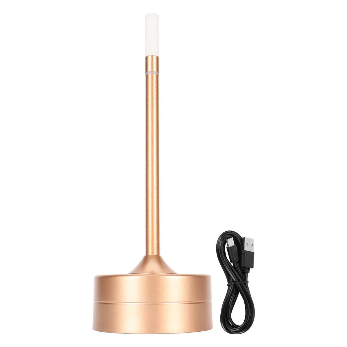 Eine goldfarbene Lampe mit zylindrischem Sockel, hohem Schaft und kleinem Oberteil mit schwarzem Kabel.