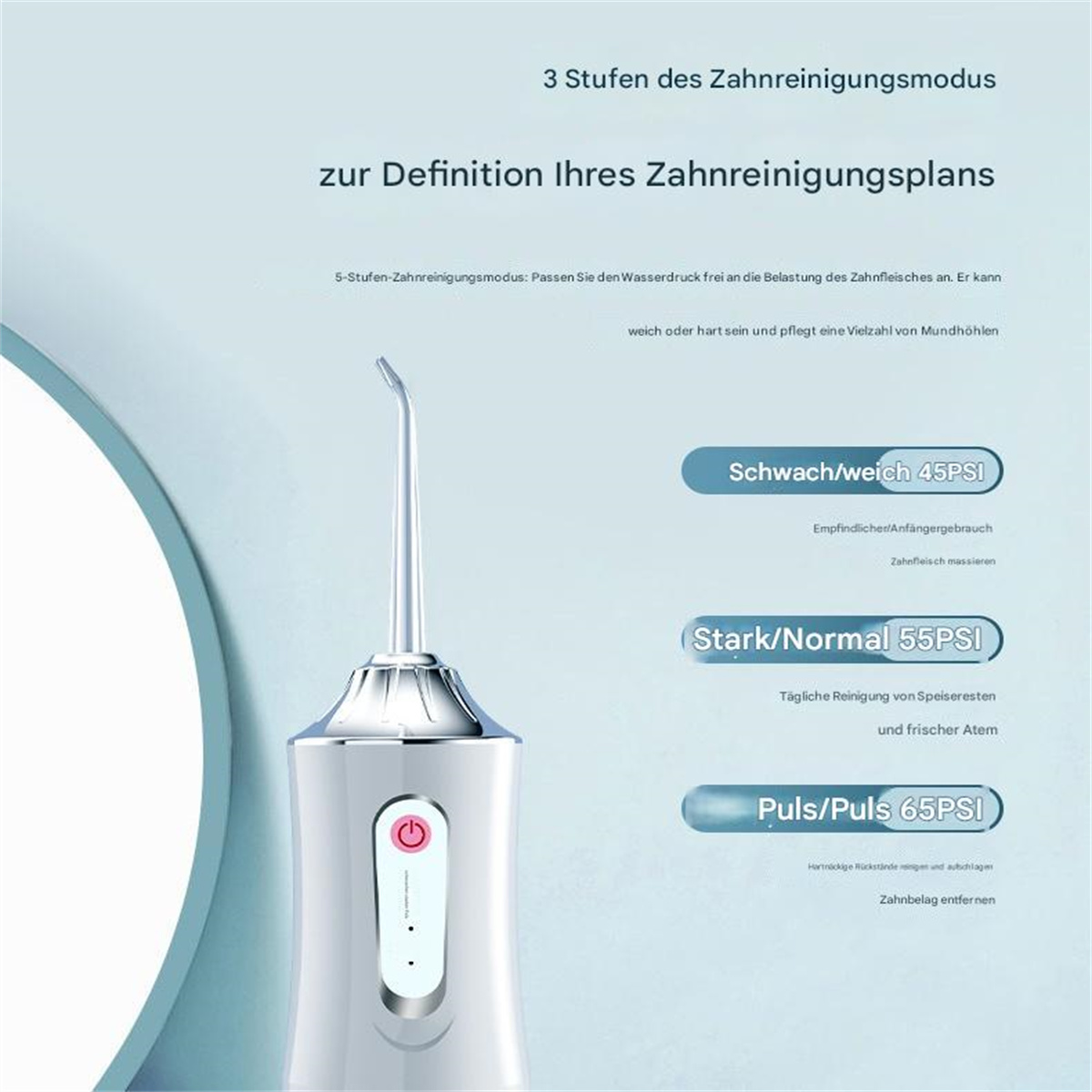 Ein weißer elektrischer Wasserflosser mit Text, der 3 Reinigungsmodi erklärt. Die Modi sind 'Schwarch/Weich', 'Stark/Normal' und 'Puls/Puls'.