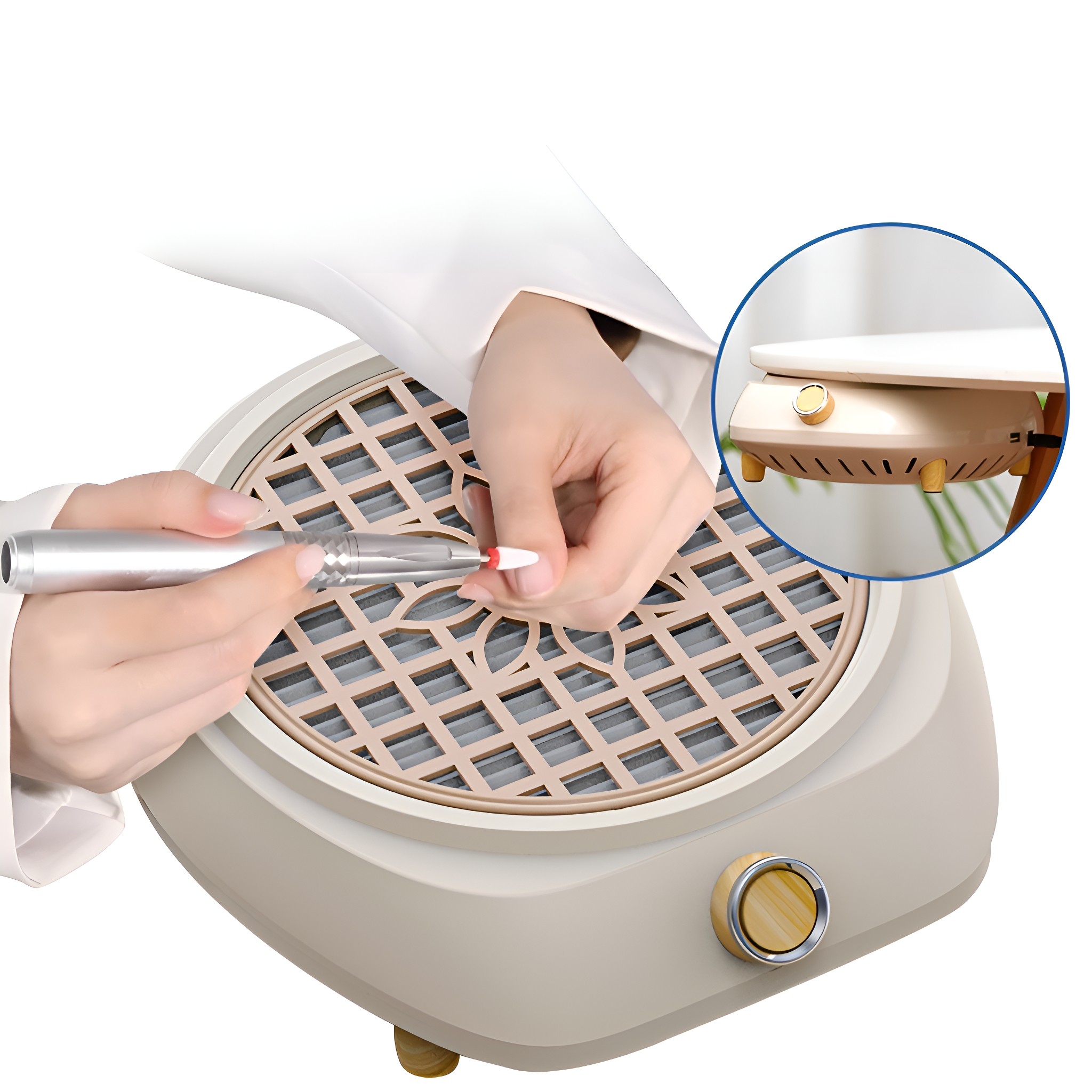 Eine Person benutzt einen Nagelbohrer auf einem Nagel über einem Nagelstaubabscheider mit Filter.