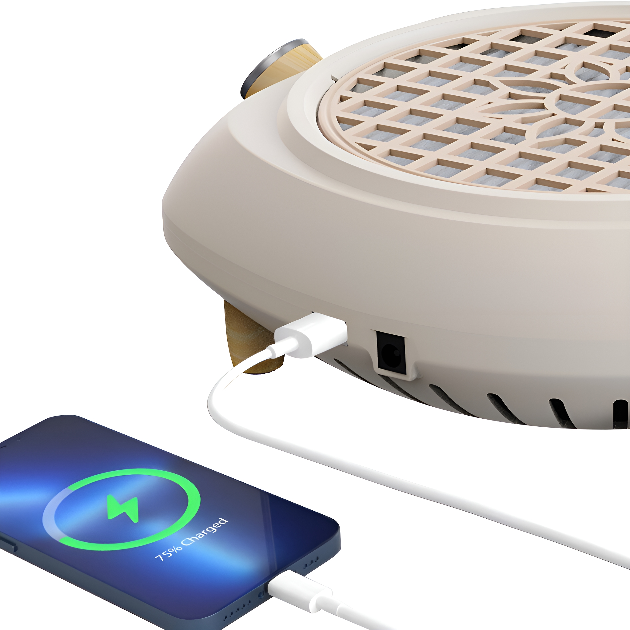 Ein weißes Ladegerät ist an ein Telefon angeschlossen, das 75 % geladen anzeigt.