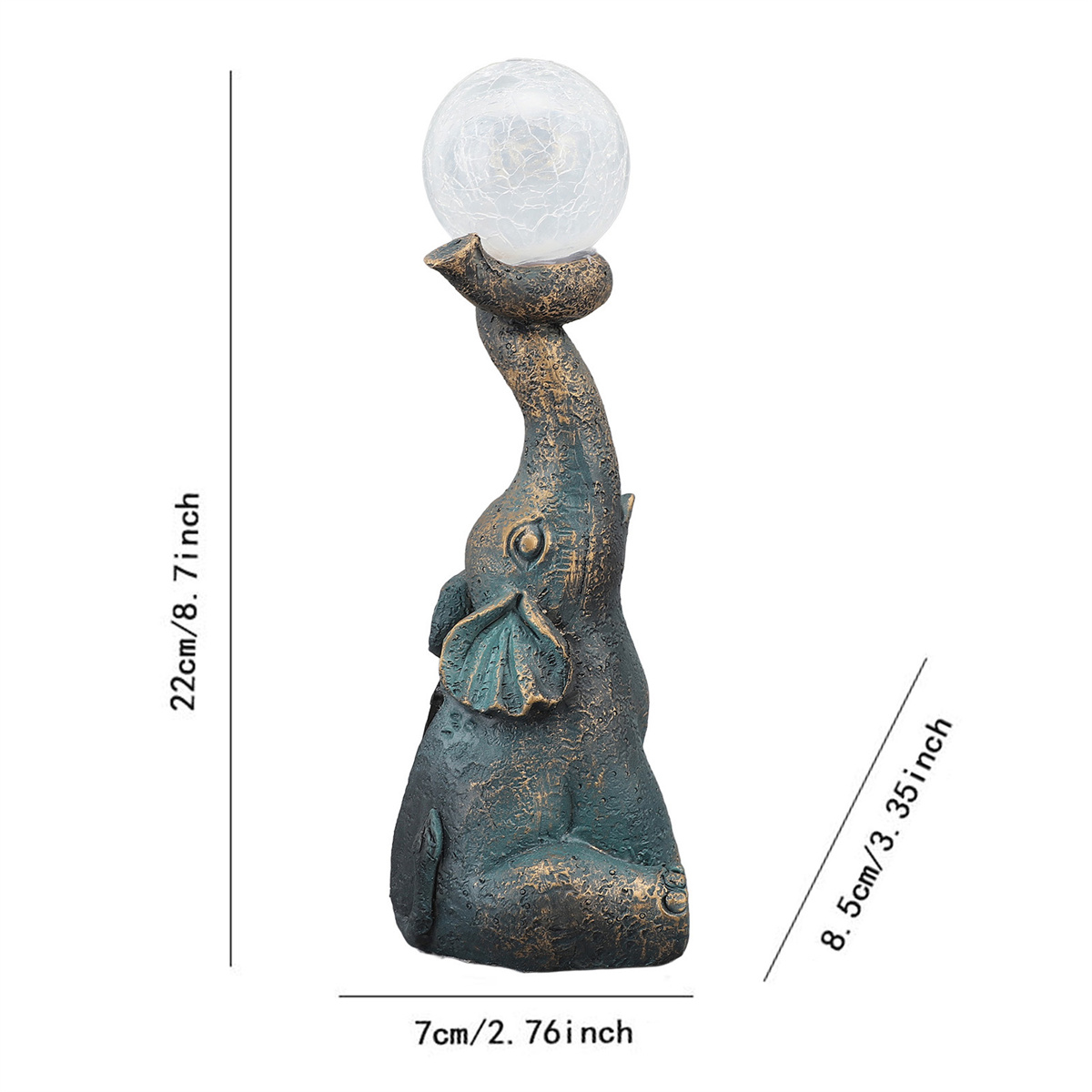Eine Elefantenstatue mit einer beleuchteten Kugel auf dem Rüssel. Bronze, mit Maßen.