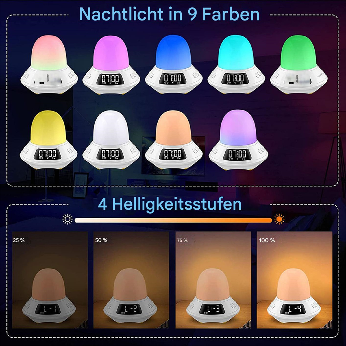 Nachtlichter in verschiedenen Farben. Es gibt 9 Lichter und 4 Helligkeitsstufen.