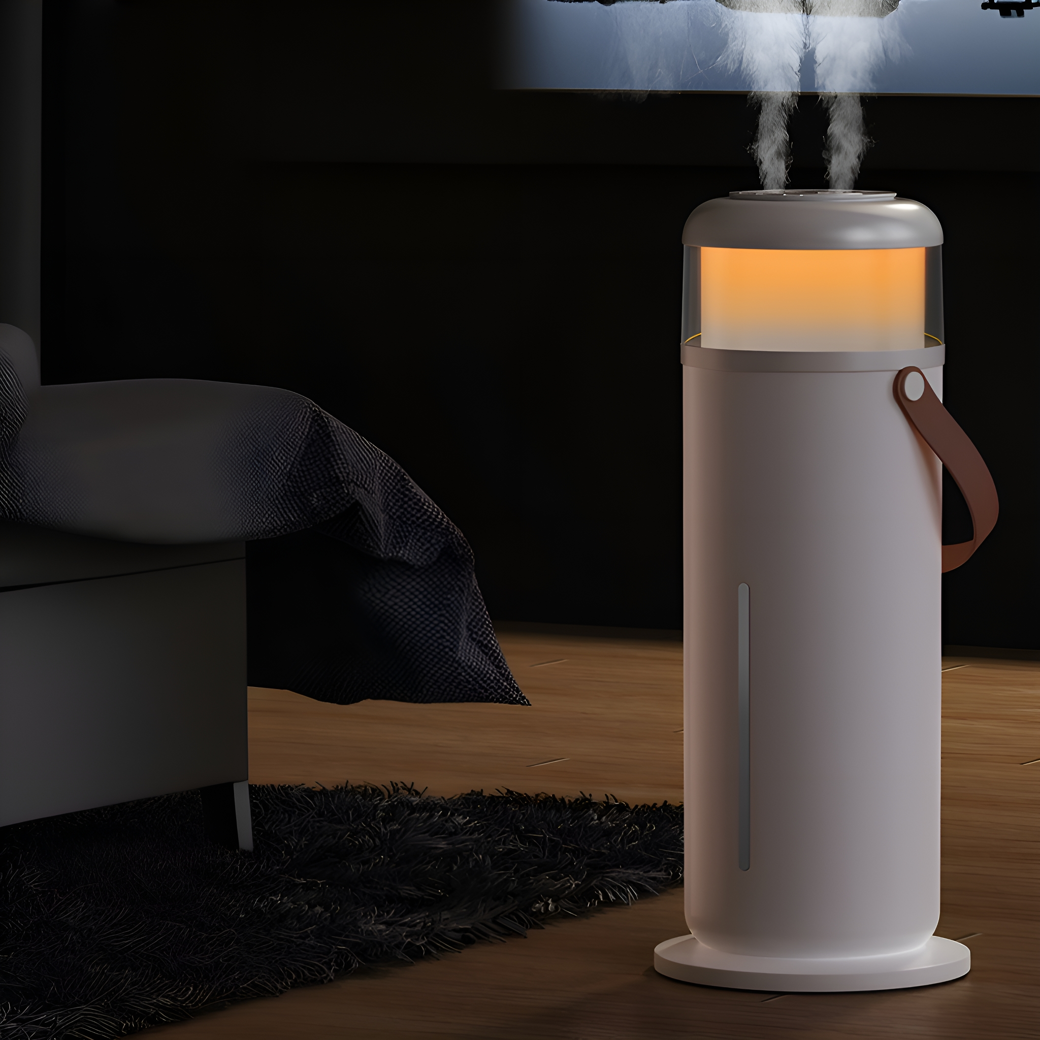 Ein weißer Luftbefeuchter mit Griff und dunklem Hintergrund, mit einem Bett im Hintergrund.