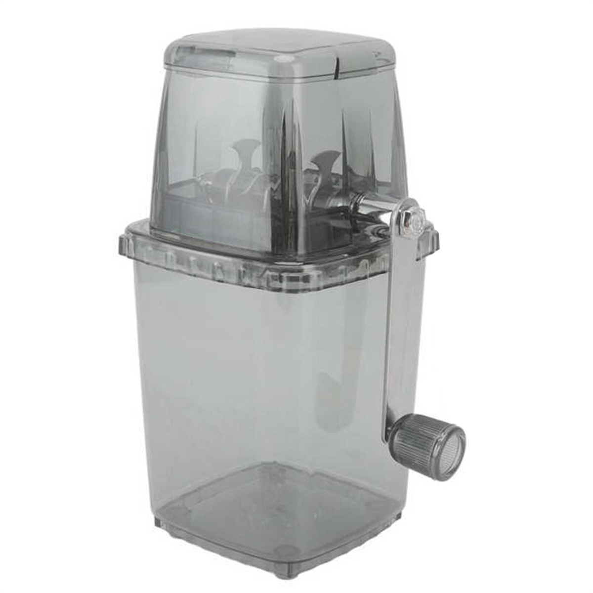 Ein transparenter grauer Eiszerkleinerer mit Handkurbel auf weißem Hintergrund. Die Basis ist quadratisch.