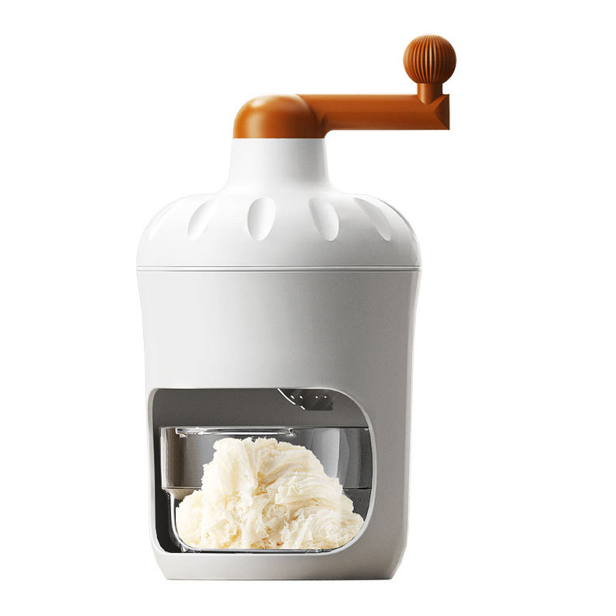 Weißer Eisschaber mit orangefarbenem Griff und transparentem Behälter mit Eis.