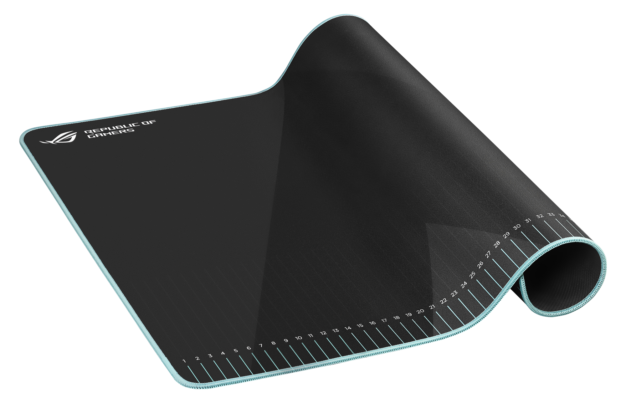 Black mousepad with a light blue border, ROG logo, and measurement markings.
