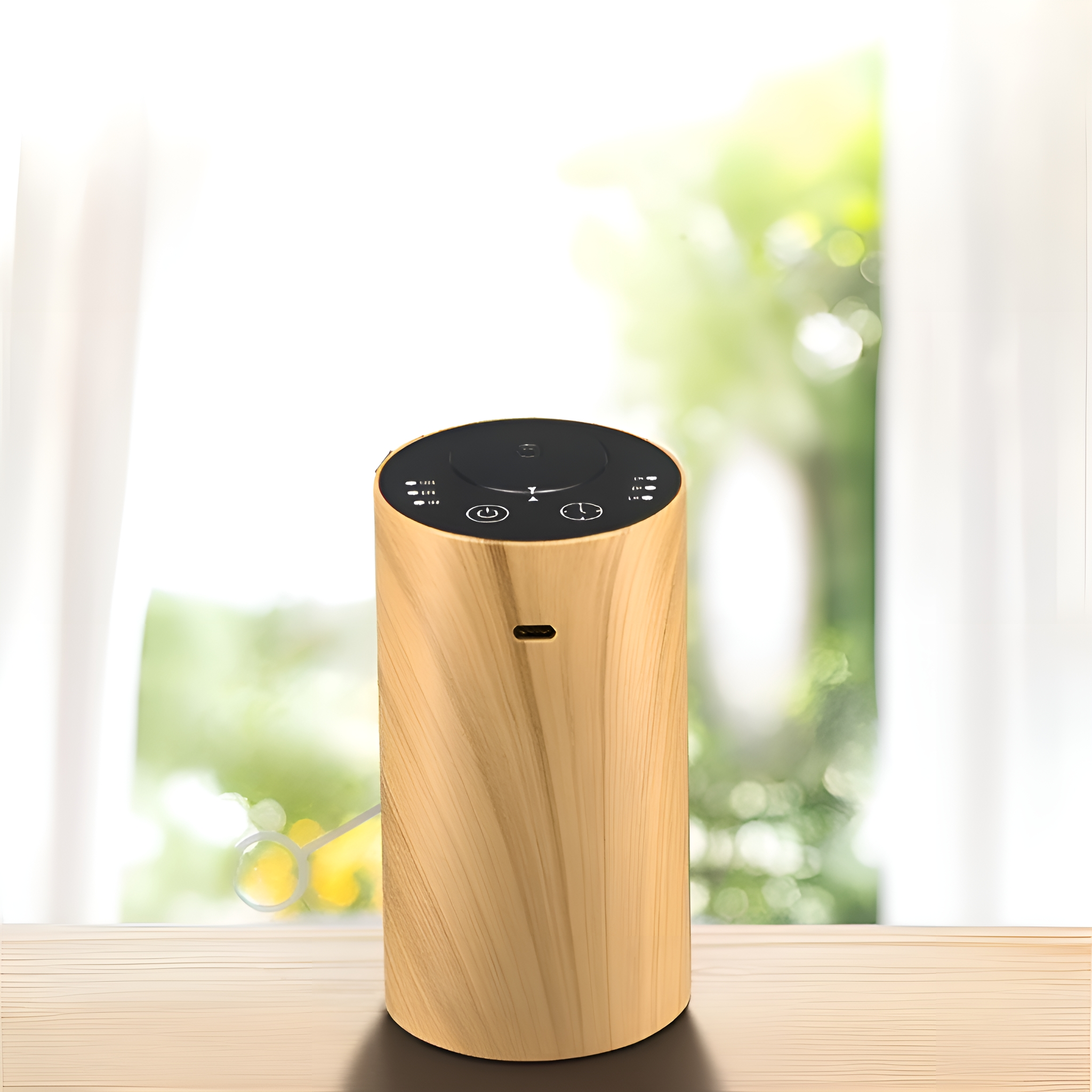 Ein Aroma-Diffusor im Holzstil auf einem Holztisch, mit Fenster und verschwommenem grünen Hintergrund.