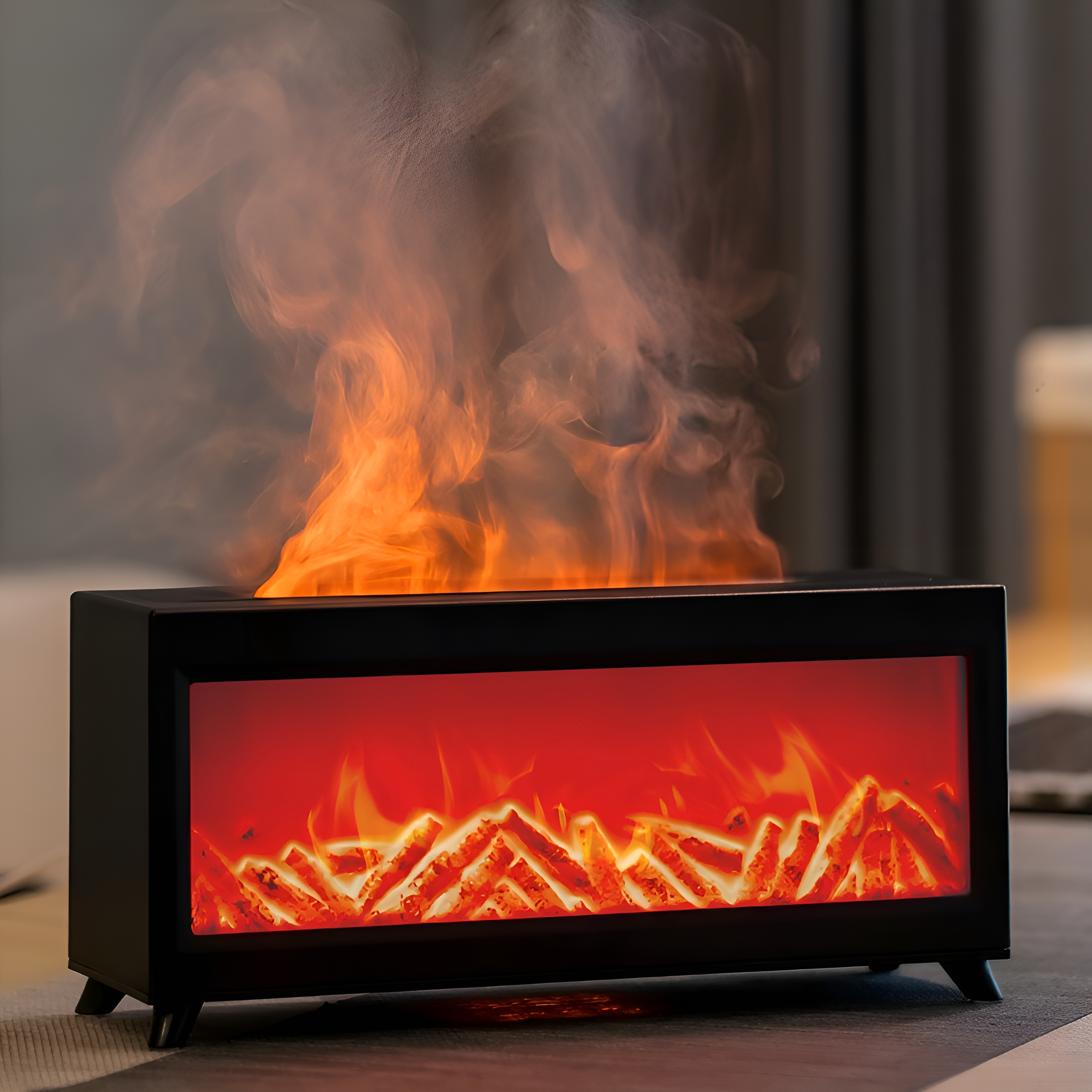 Ein schwarzer, rechteckiger Kamin mit Flammen. Feuer ist künstlich und in der Mitte.