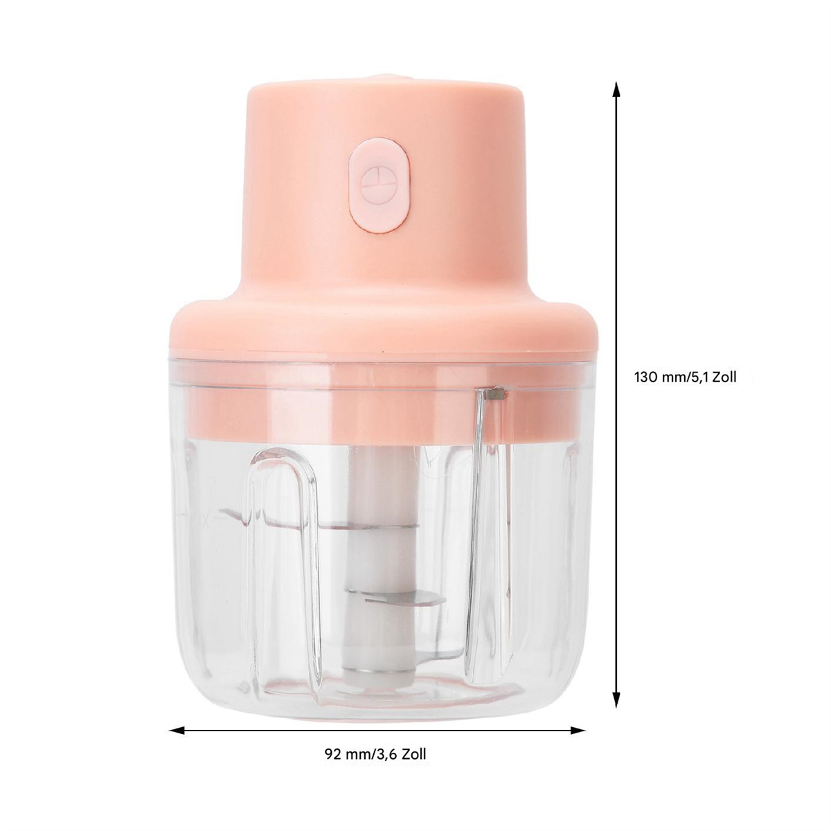 Ein rosa Mini-Zerkleinerer mit transparentem Behälter, Abmessungen werden gezeigt.