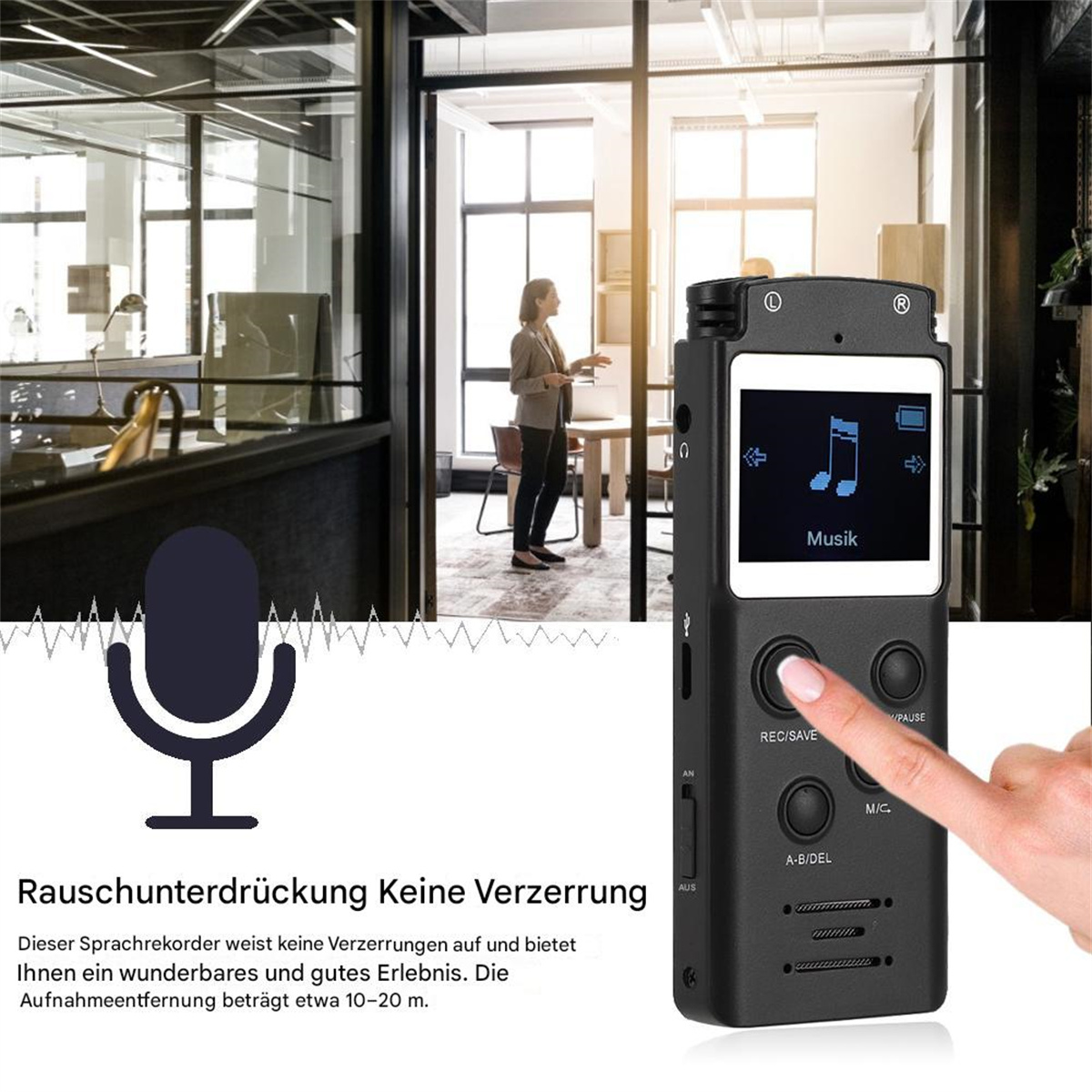Ein tragbarer Audiorekorder mit Bildschirm, eine Frau im Hintergrund und Text zur Rauschunterdrückung.
