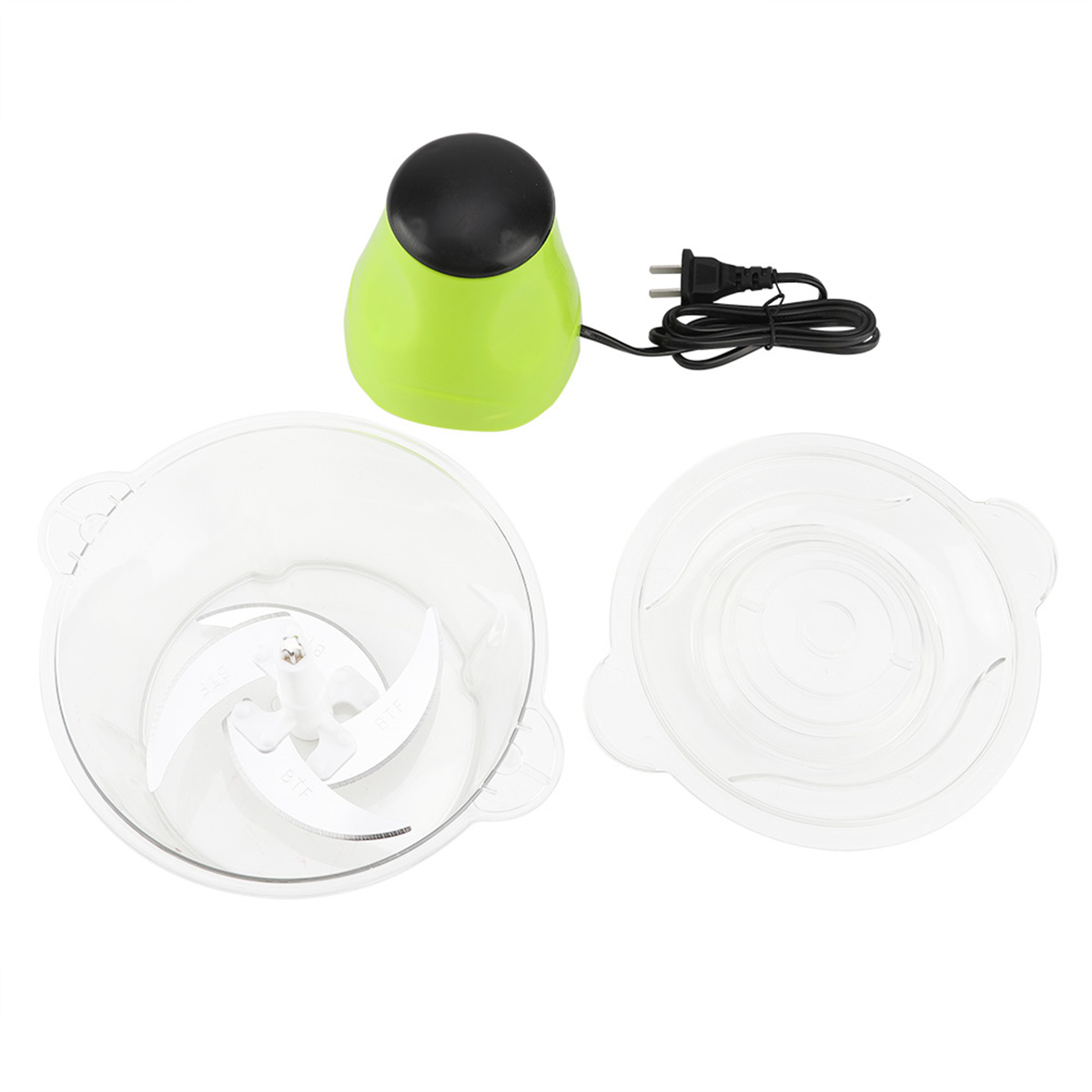 Grüner Food Chopper mit Klingen, weißer Schüssel und Deckel. Schwarzes Netzkabel.