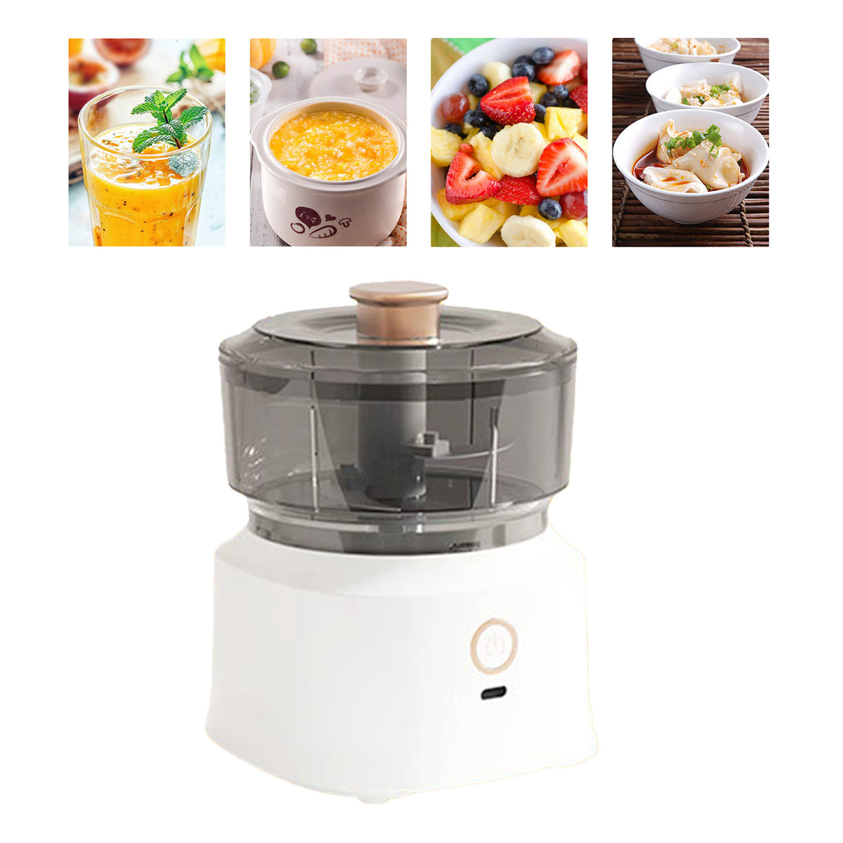 Ein Foodprocessor mit weißem Sockel und transparentem Behälter, umgeben von Lebensmittelproben.