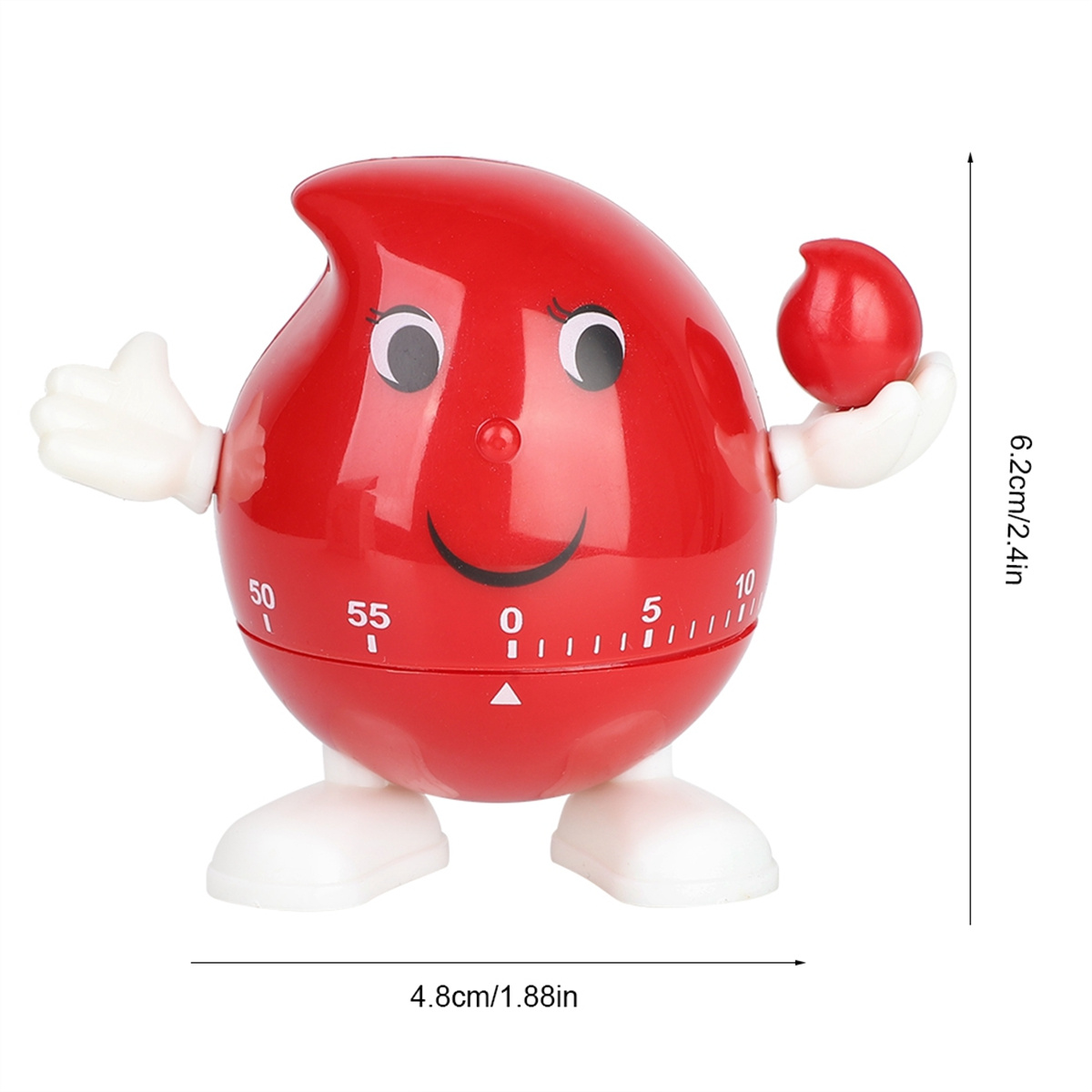Ein roter, lächelnder, cartoonartiger Küchentimer mit weißen Händen und Füßen, mit angegebenen Abmessungen.
