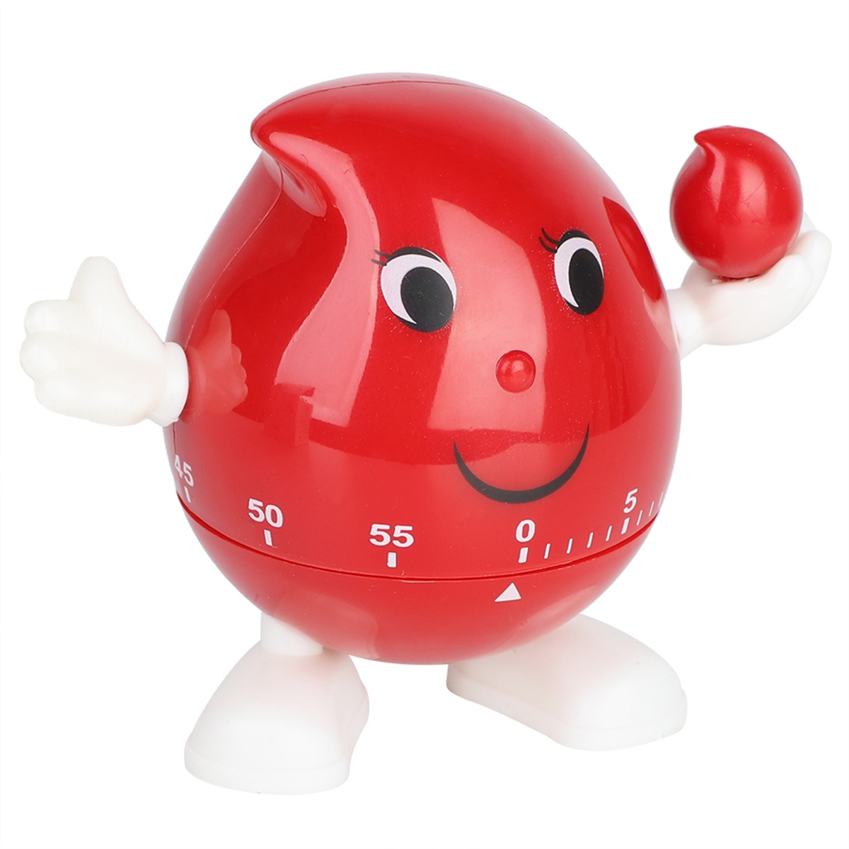 Cartoonartiger roter Küchentimer mit weißen Händen, Füßen und einem roten Knopf auf weißem Hintergrund.