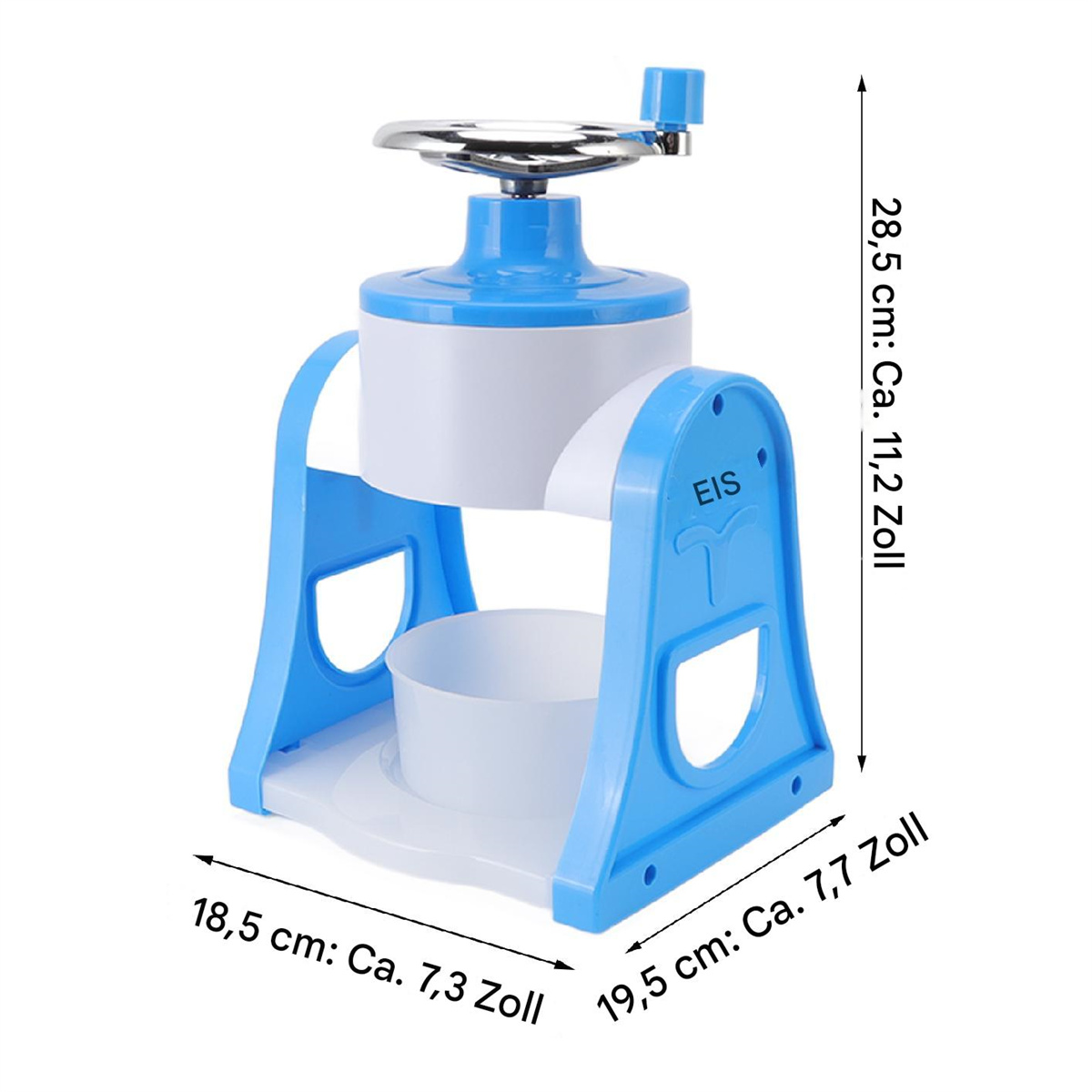 Blau-weiße manuelle Eismaschine mit Abmessungen.