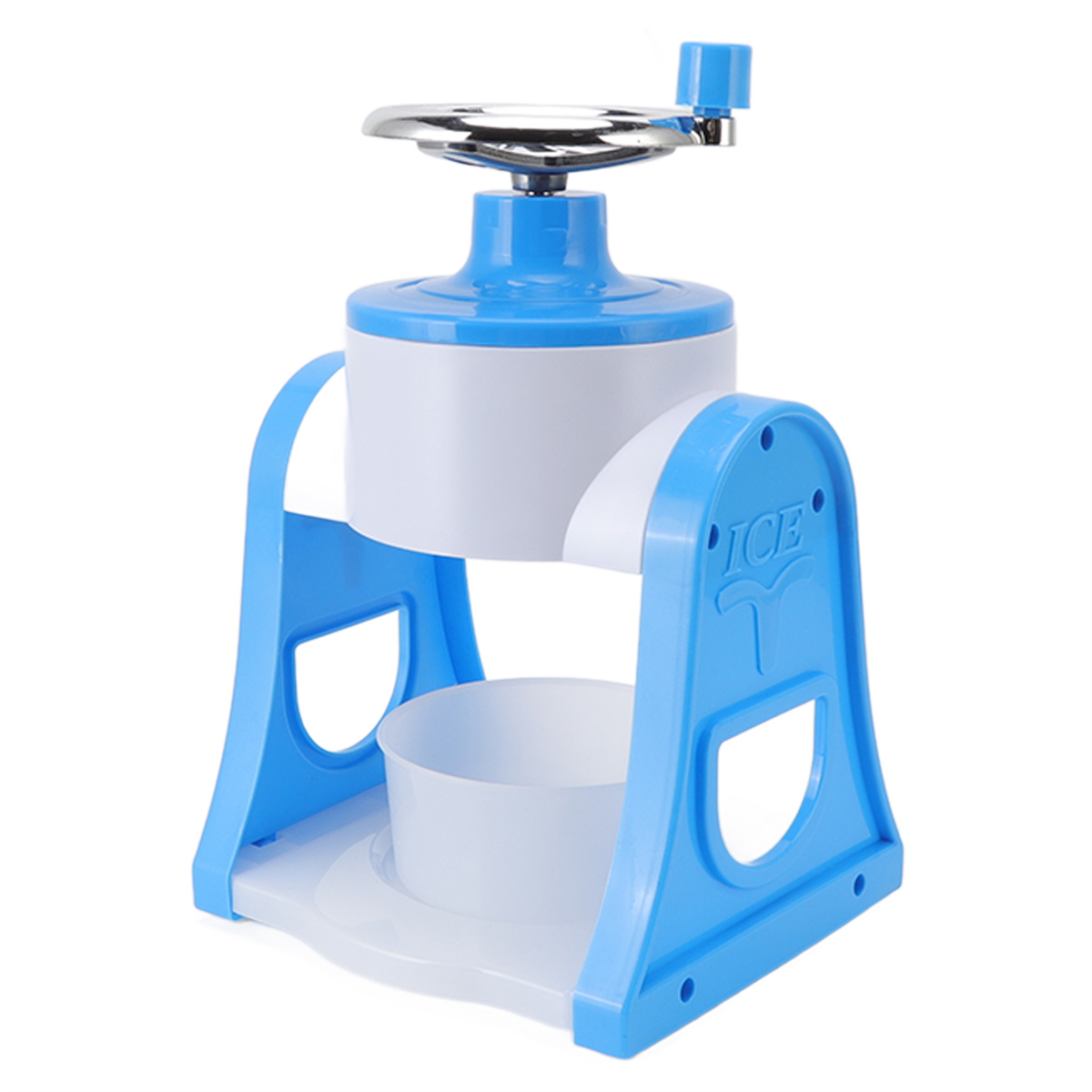 Blau-weiße Eismaschine mit silberner Kurbel und einem Behälter zum Auffangen des Crushed Ice.