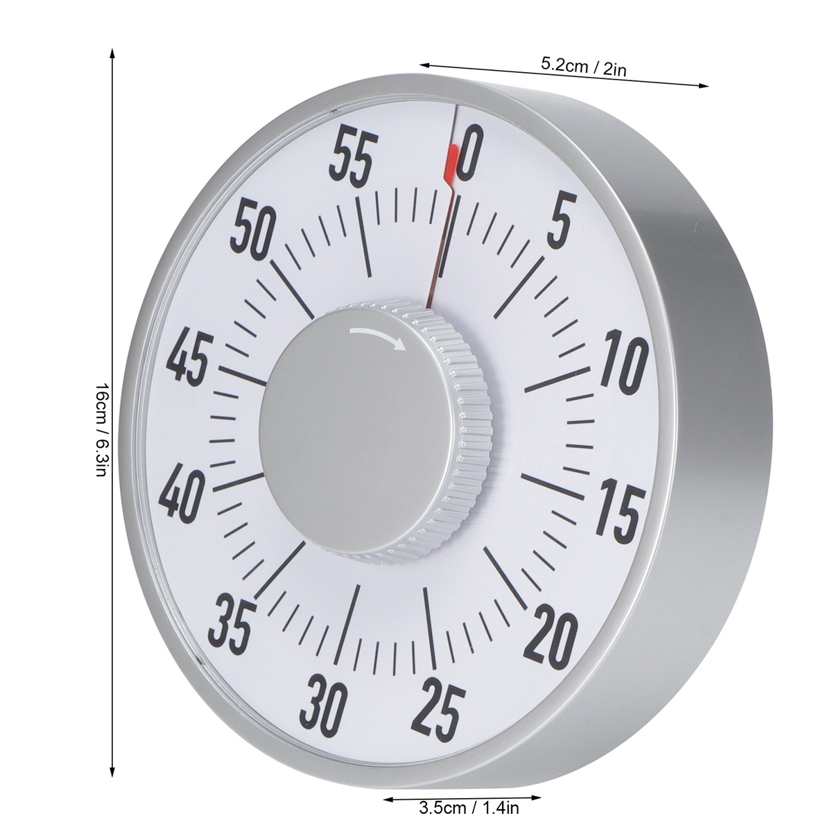 Silberner Timer mit weißem Zifferblatt, schwarzen Zahlen und einem roten Zeiger zur Zeitmessung.