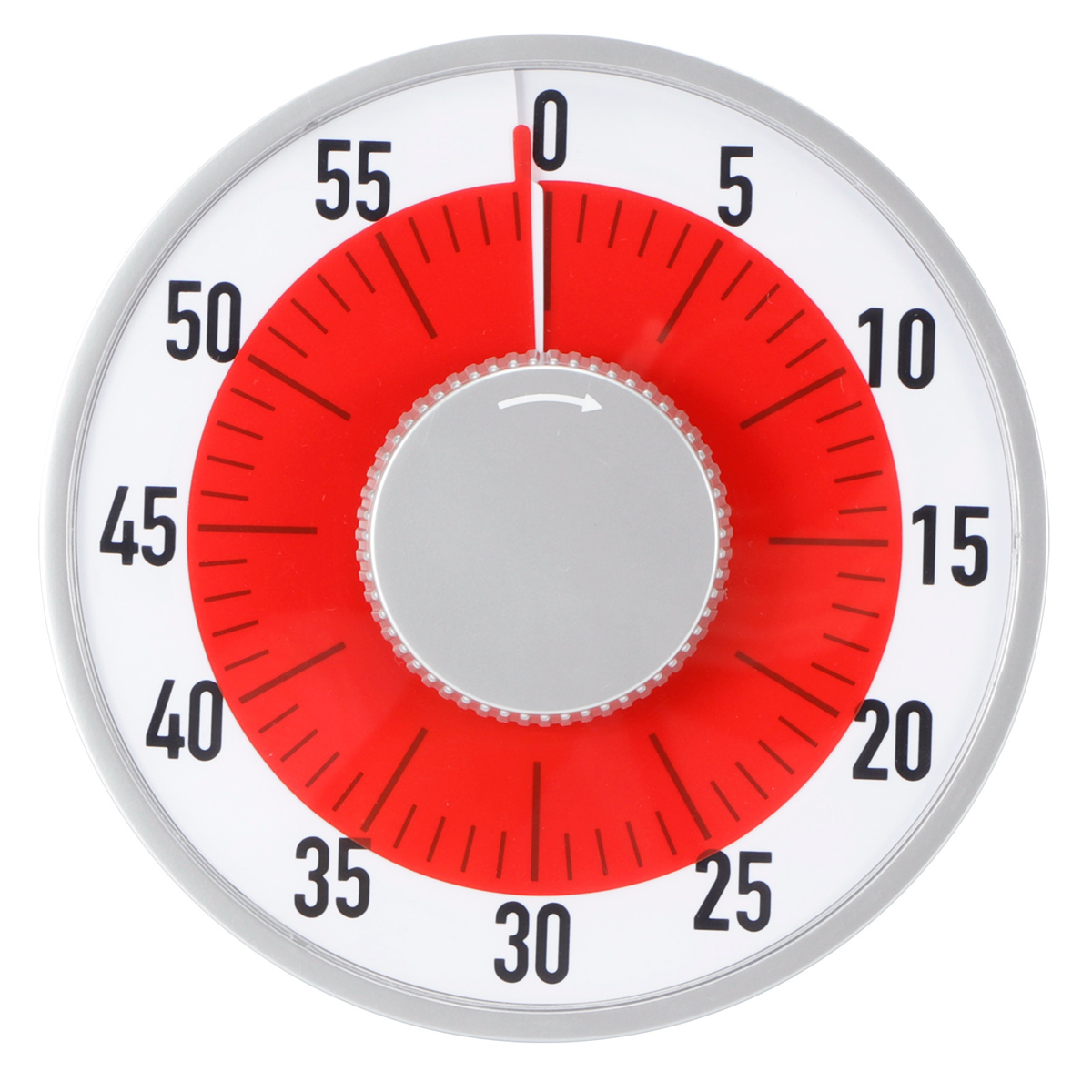 Ein roter und weißer Küchentimer mit silbernem Knopf, auf Null gestellt. Zahlen 0-55 am Rand.