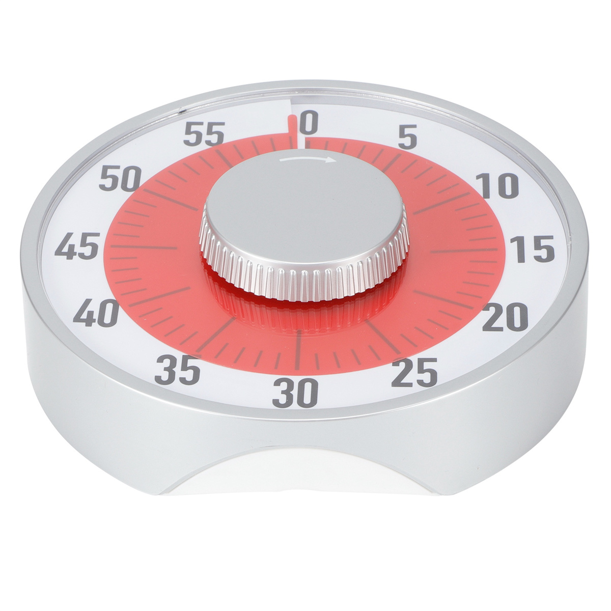 Ein silberner Küchentimer mit roter Mitte und grauem Knopf. Zahlen sind um das Zifferblatt sichtbar.