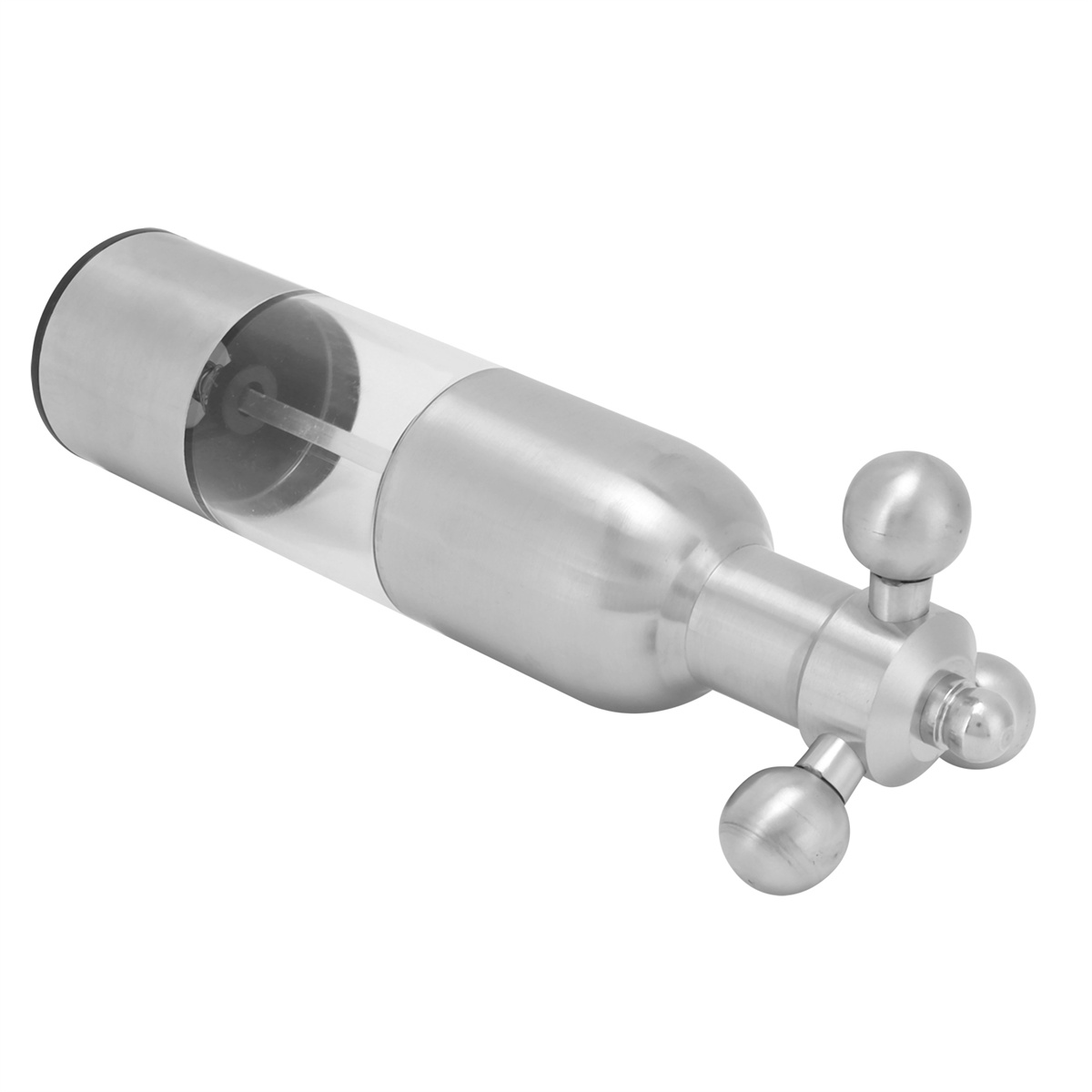 Silberne Pfeffermühle mit transparentem Behälter und einem Griff mit drei Kugeln.
