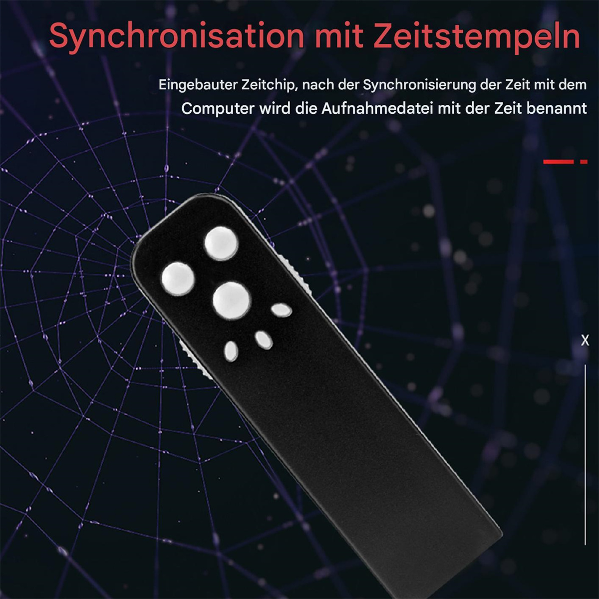 Schwarze Fernbedienung mit weißen Knöpfen. Text auf Deutsch auf lila und schwarzem Hintergrund.