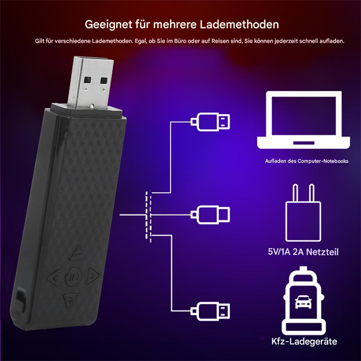 Schwarzer USB-Ladeadapter mit Ladeoptionen-Symbolen auf einem Farbverlaufshintergrund.