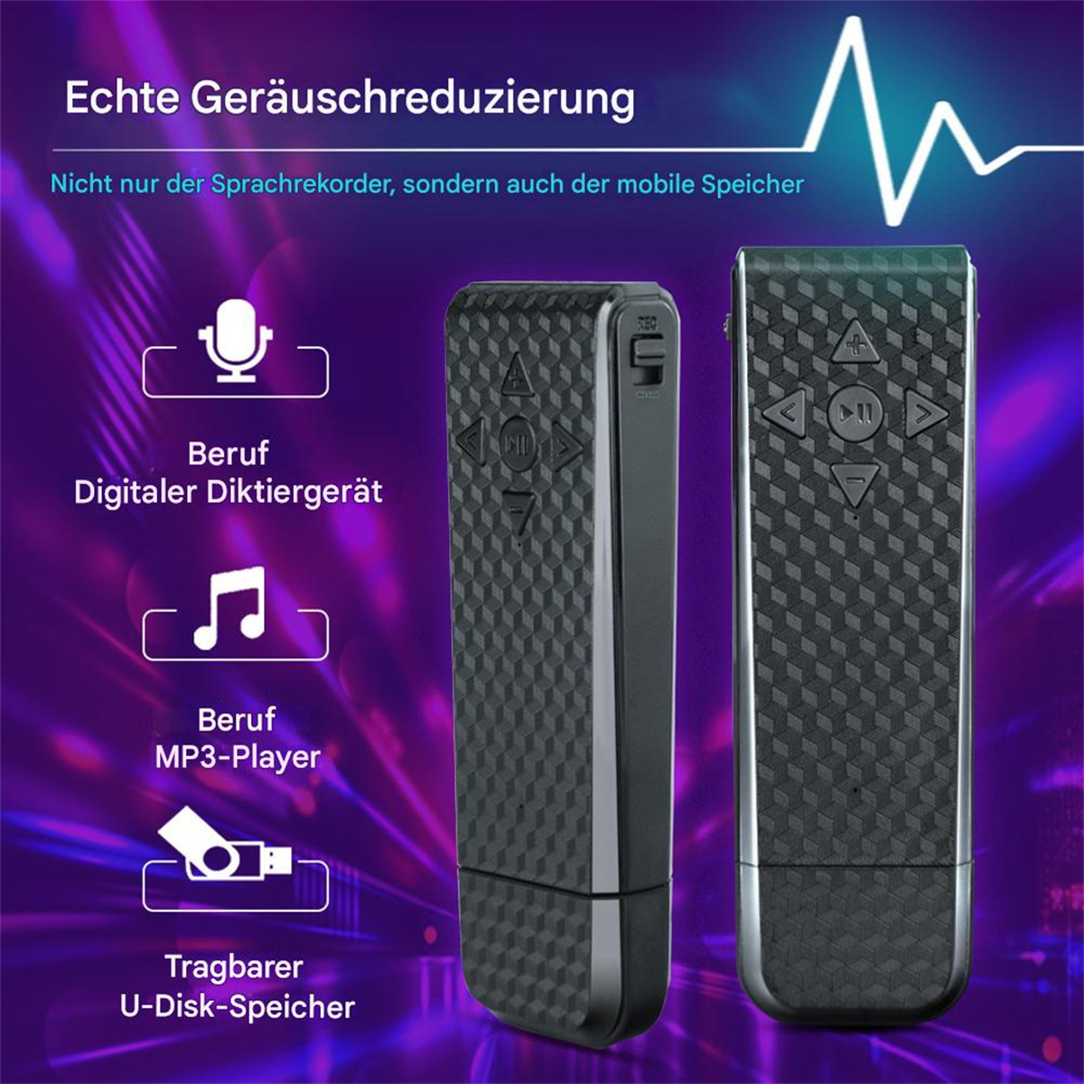 Zwei schwarze digitale Sprachrekorder. Symbole für Sprachaufnahme, Musik und USB-Speicher werden angezeigt.